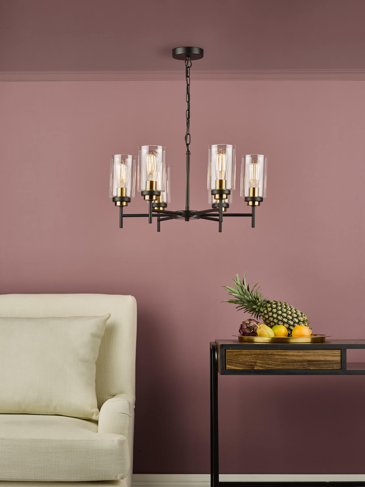 Abel 6 Light Pendant Satin Black & Gold with Glass Shades