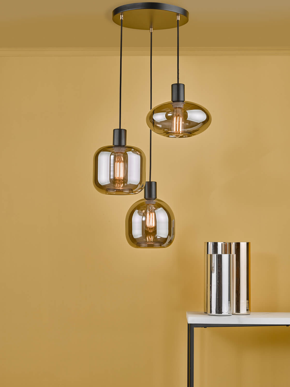 Aiden 3 Light Cluster Pendant Smoked Glass and Satin Black