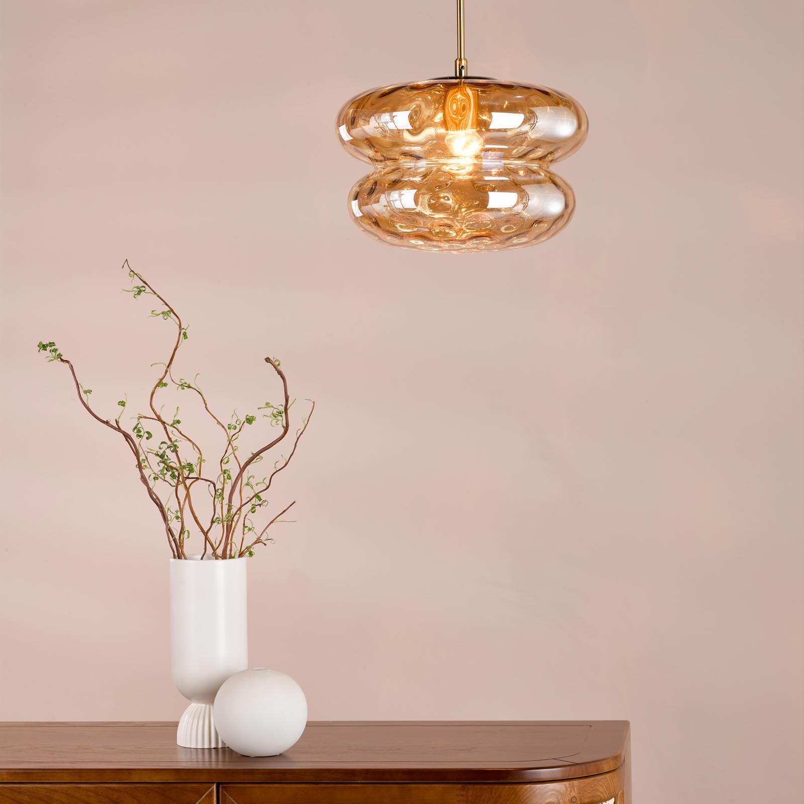 Alcella Pendant Natural Brass and Amber Dimple Glass
