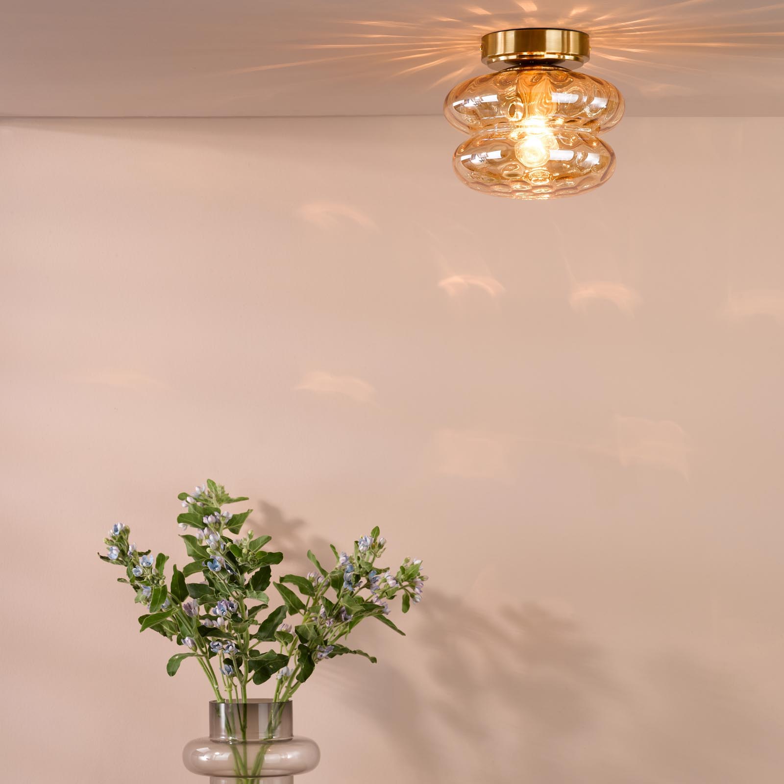 Alcella Wall/Ceiling Light Natural Brass and Amber Dimple Glass