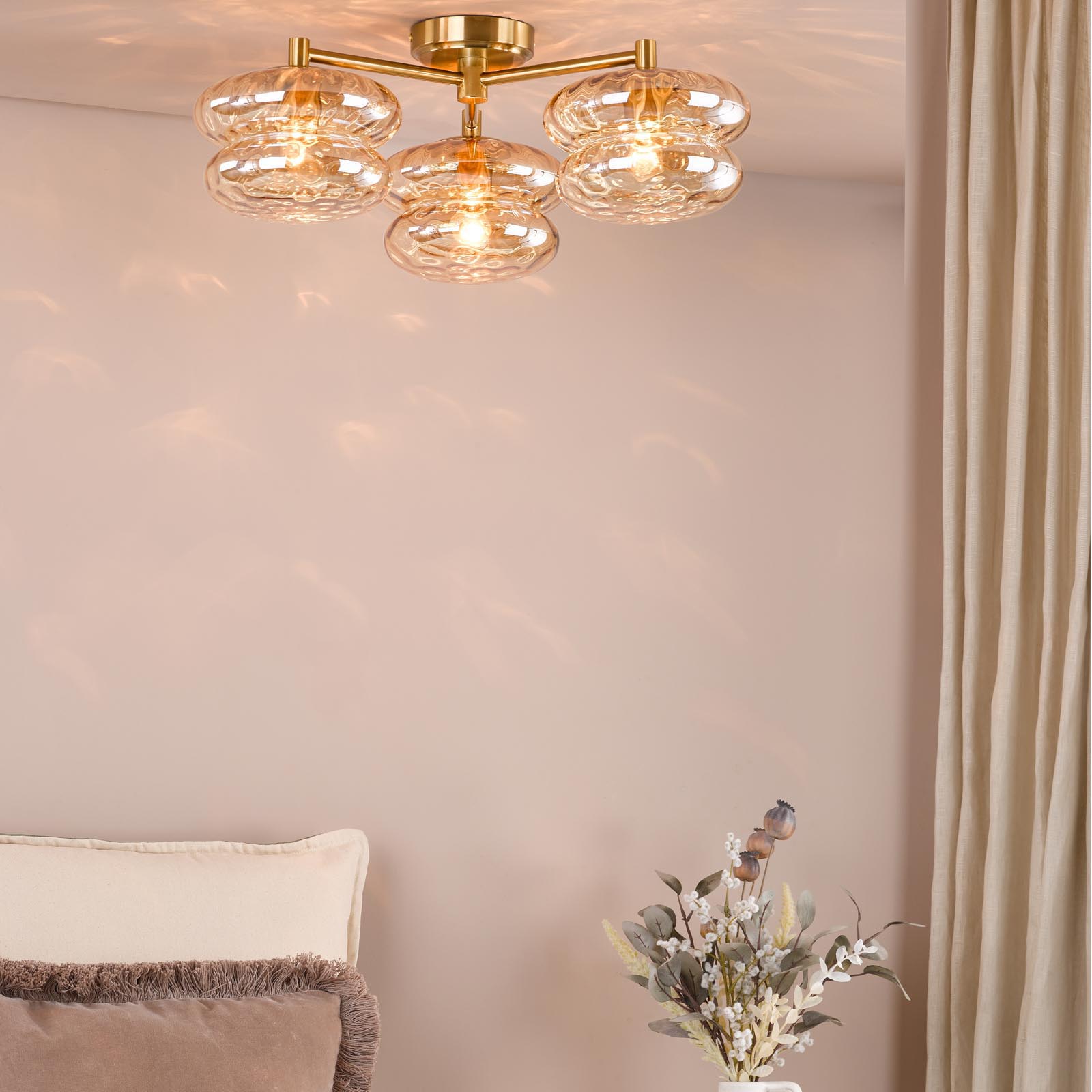 Alcella 3 Light Flush Natural Brass and Amber Dimple Glass