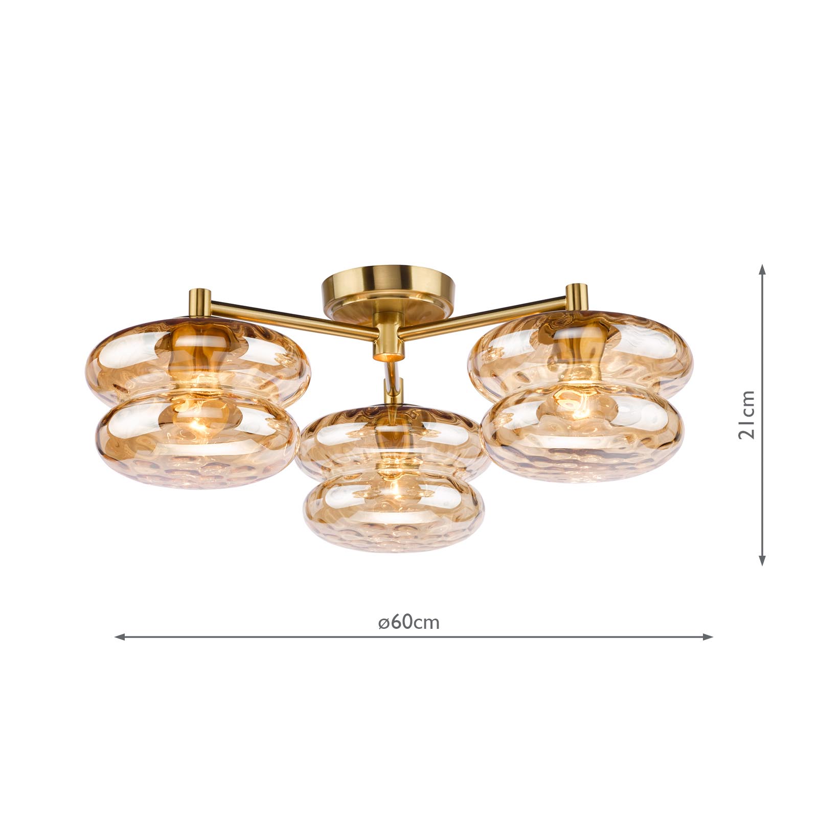 Alcella 3 Light Flush Natural Brass and Amber Dimple Glass
