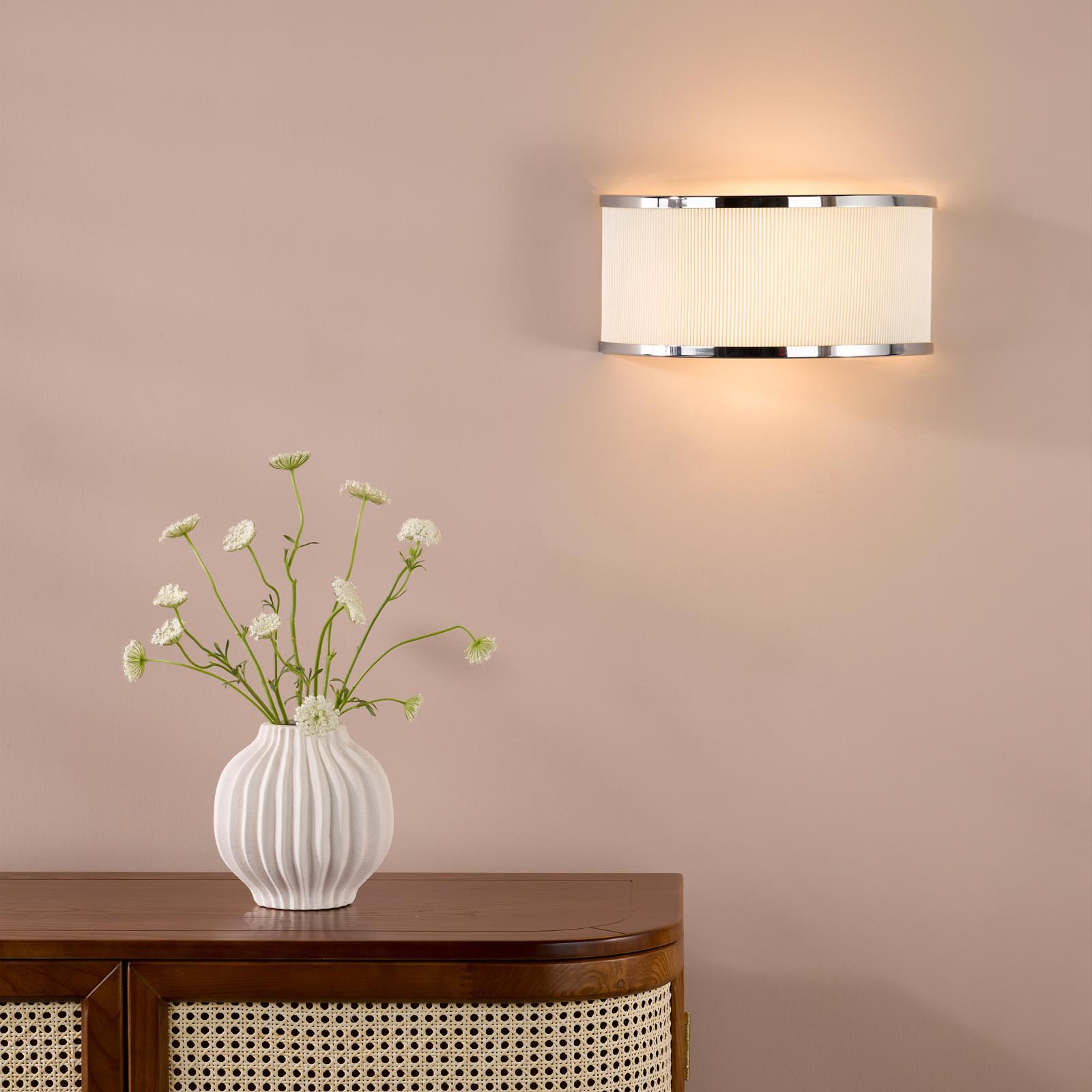Alvaro 2 Light Wall Light Polished Chrome and Ivory Micropleat Shade