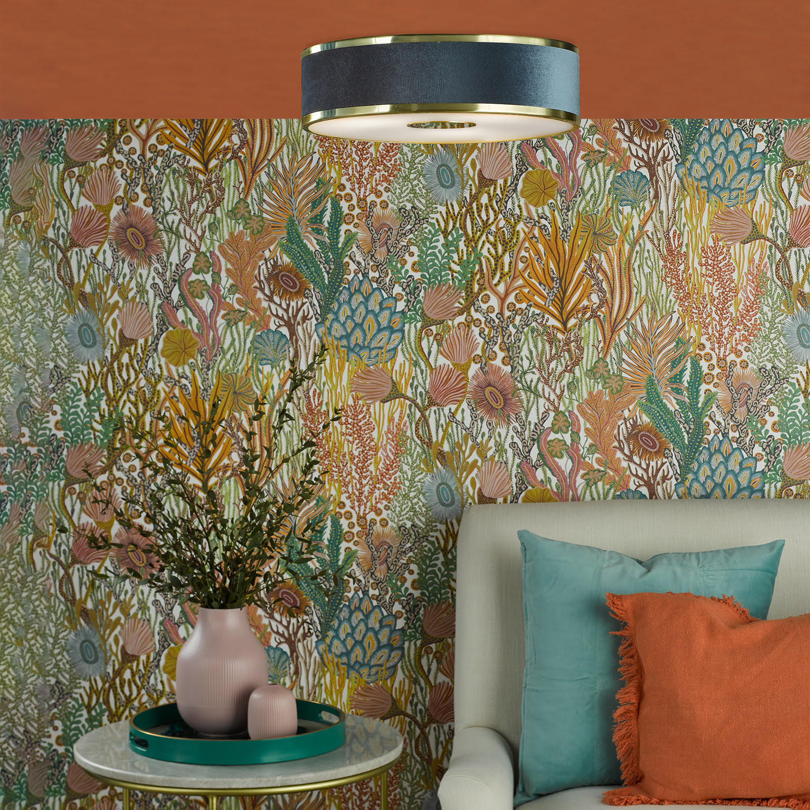 Alvaro 3 Light Flush Brushed Brass With Blue shade