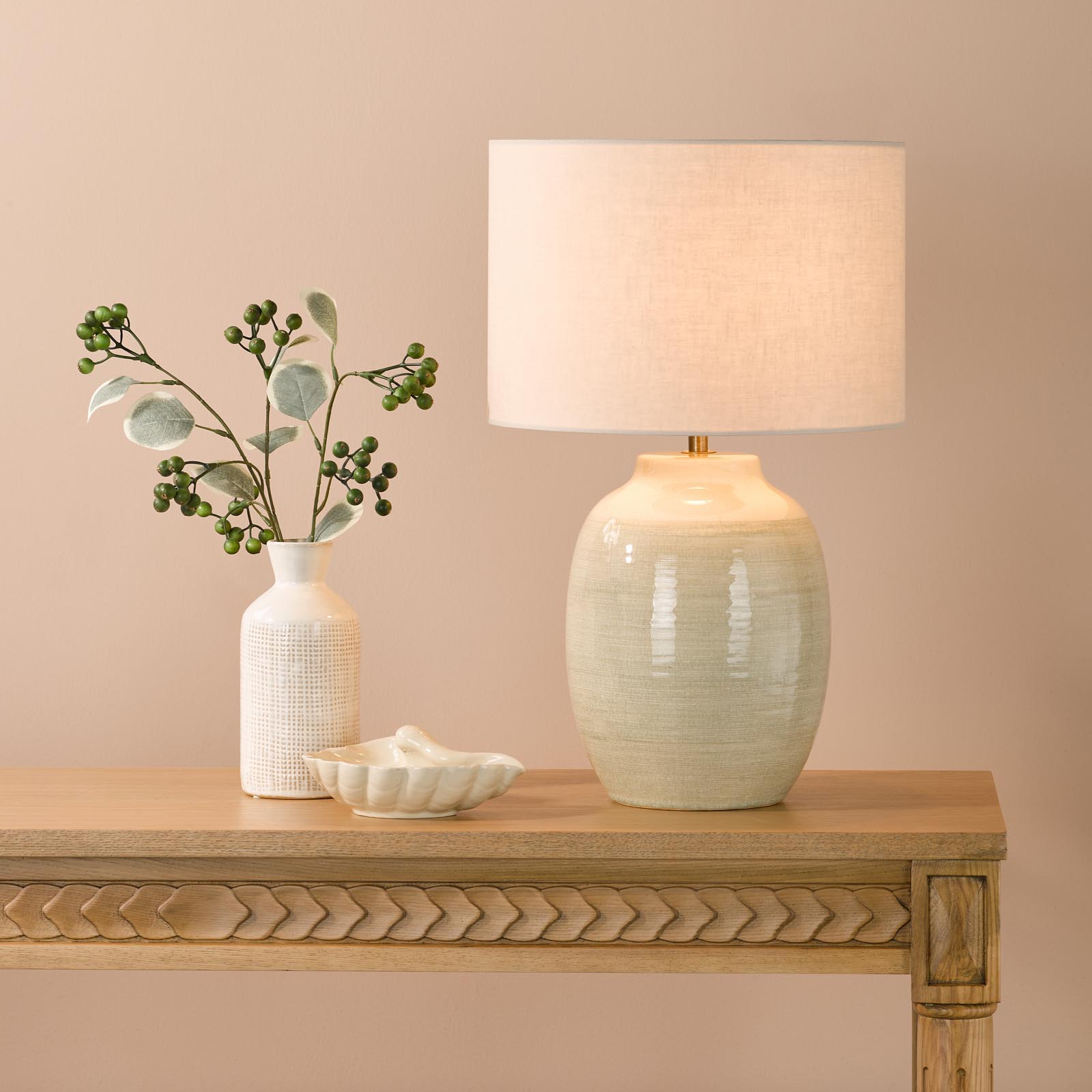 Amsara Table Lamp Cream Ceramic and Antique Brass With Shade