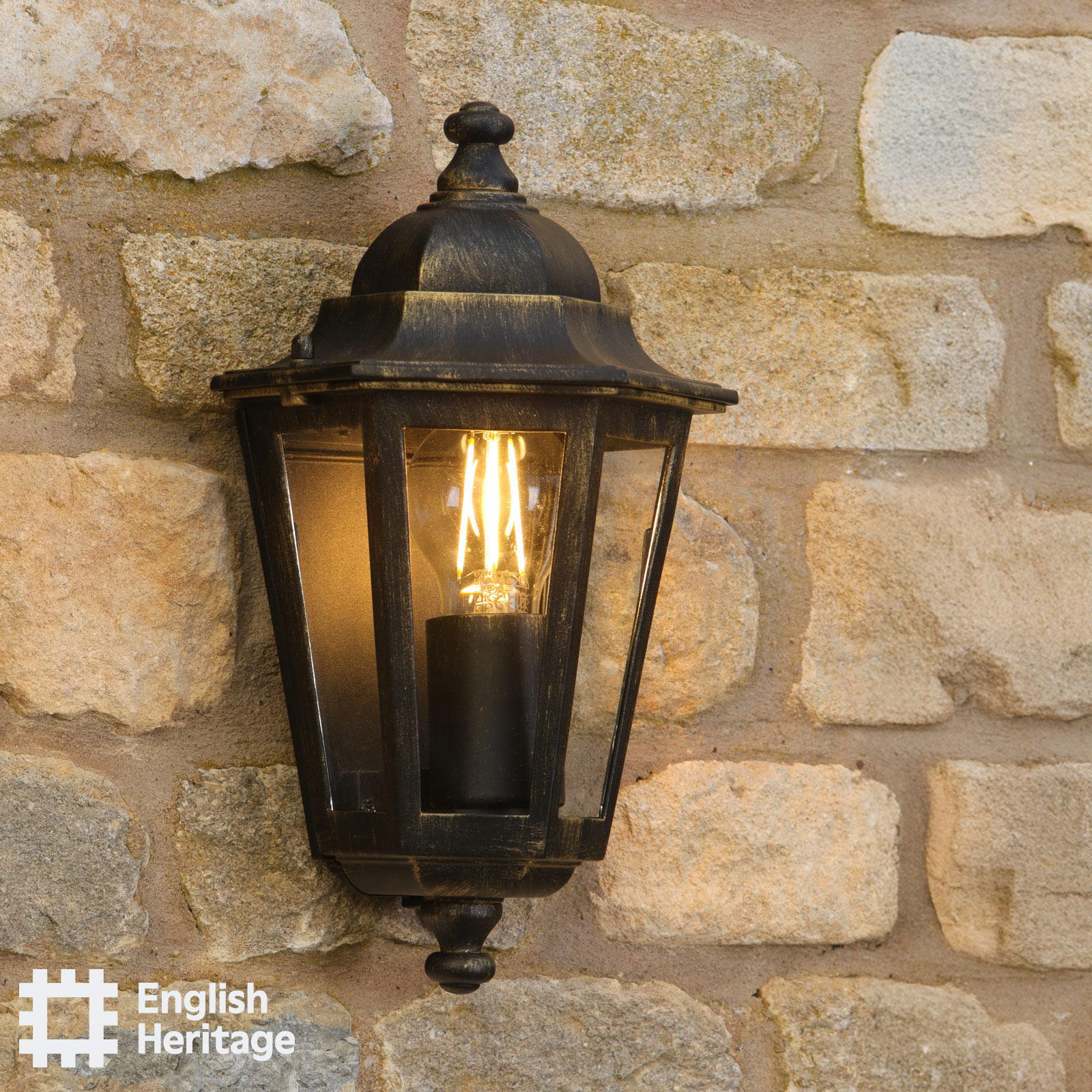 Audley End Outdoor Wall Light Hand-brushed Black/Gold and Glass IP44