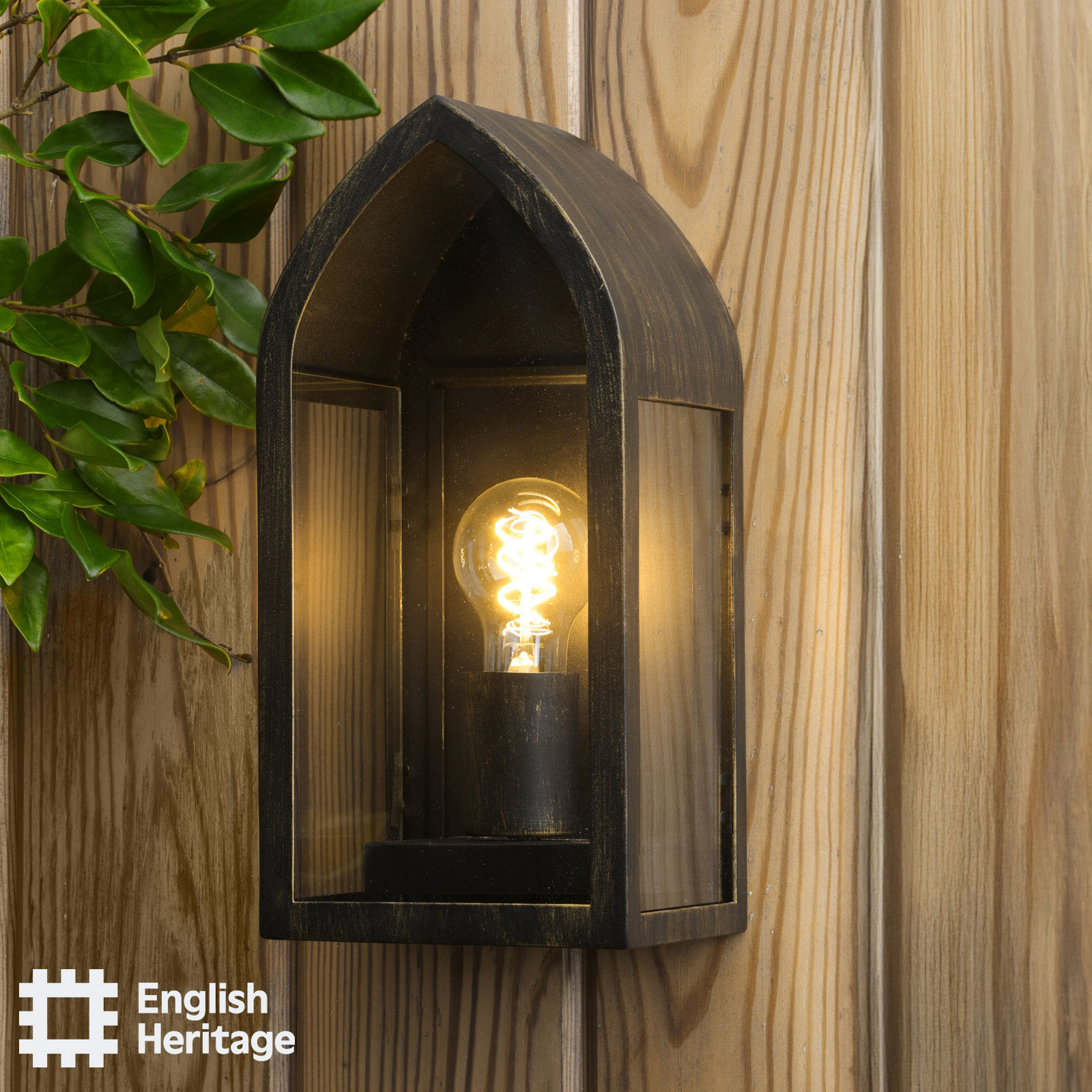 Audley End Outdoor Wall Light Hand-brushed Black/Gold and Glass IP44