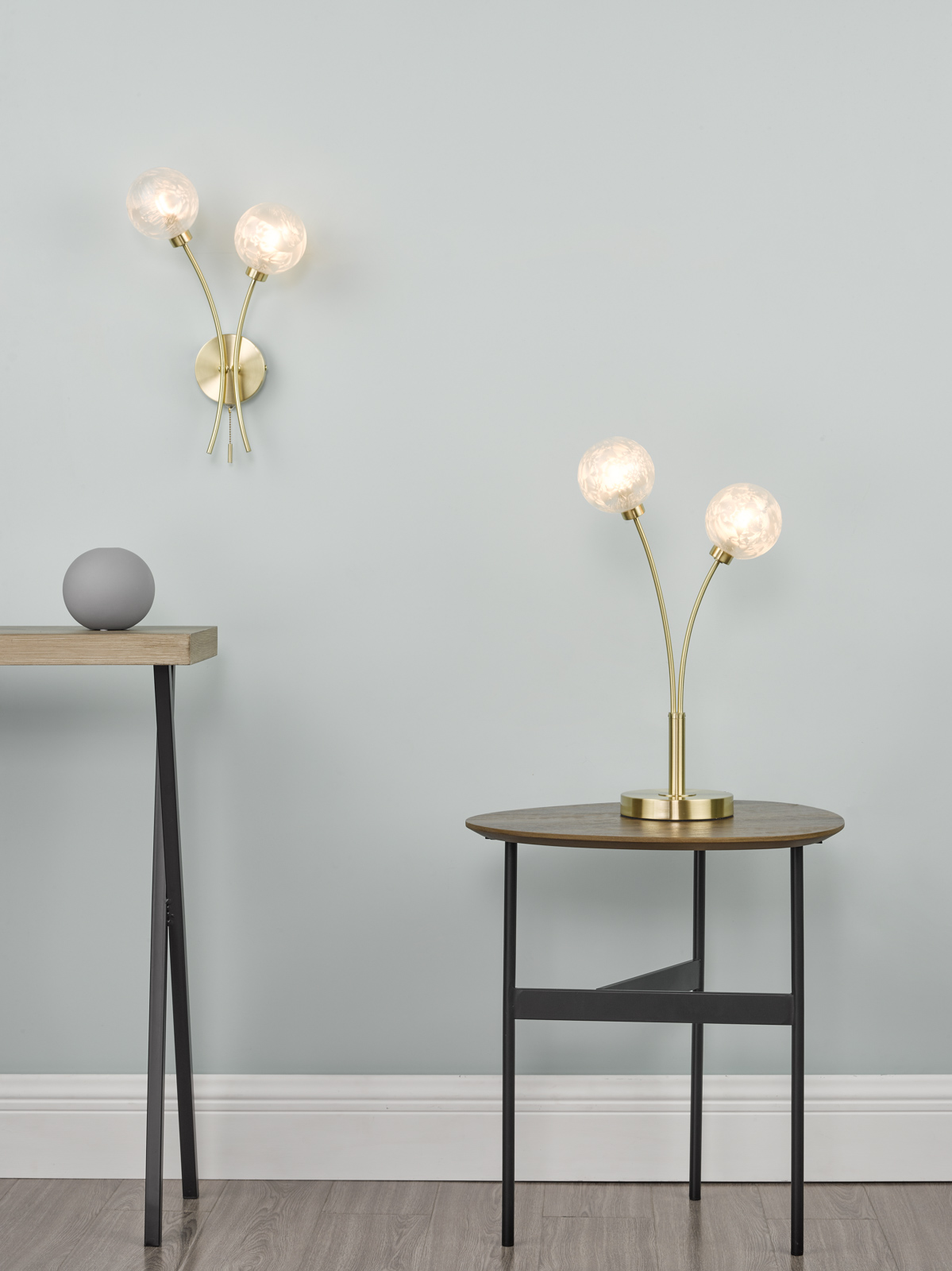 Avari 2 Light Table Lamp Satin Brass and White Frosted Glass