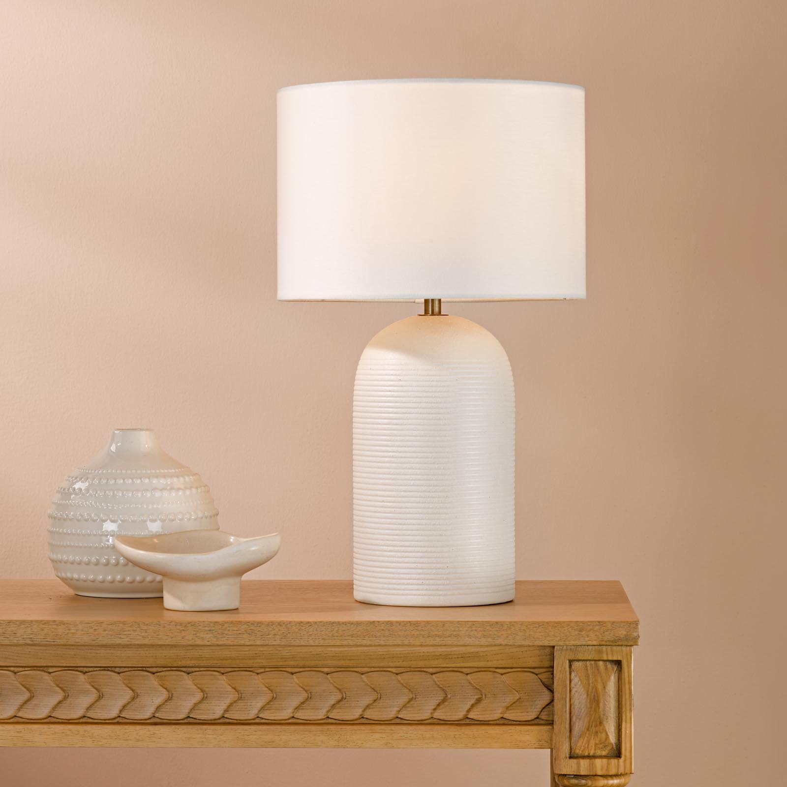 Bayonne Table Lamp White Ceramic and Antique Brass With Linen Drum Shade