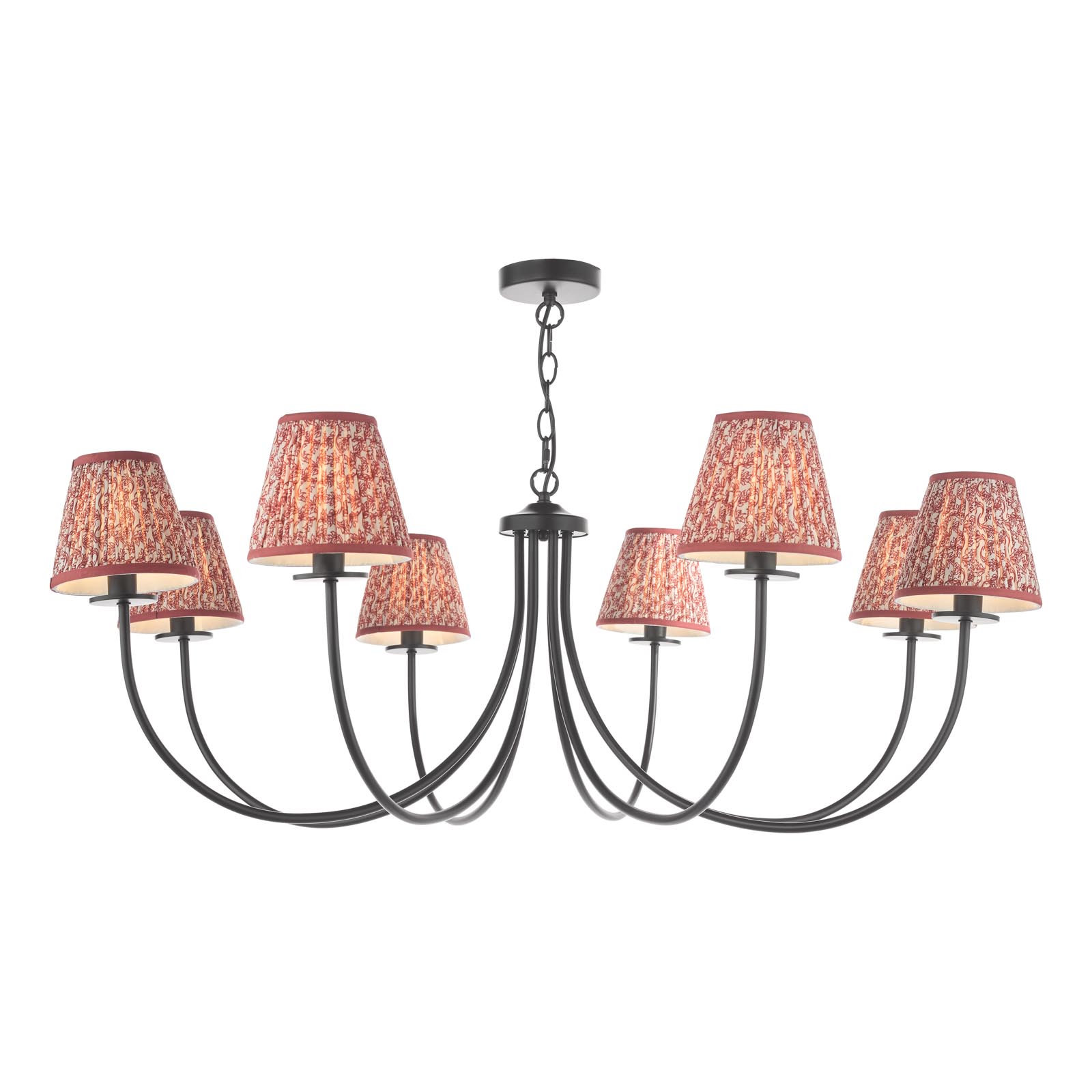 Becca 8 Light Armed Pendant Matt Black With Red Leaf Print Pleated Shade