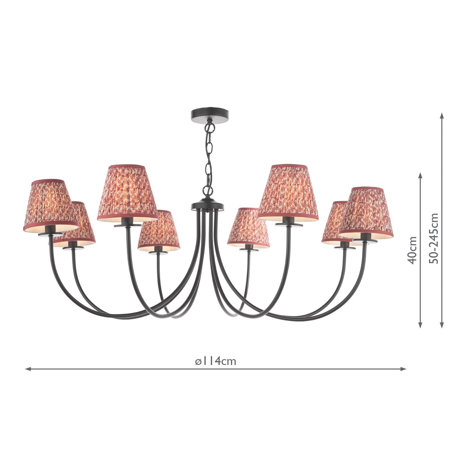 Becca 8 Light Armed Pendant Matt Black With Red Leaf Print Pleated Shade