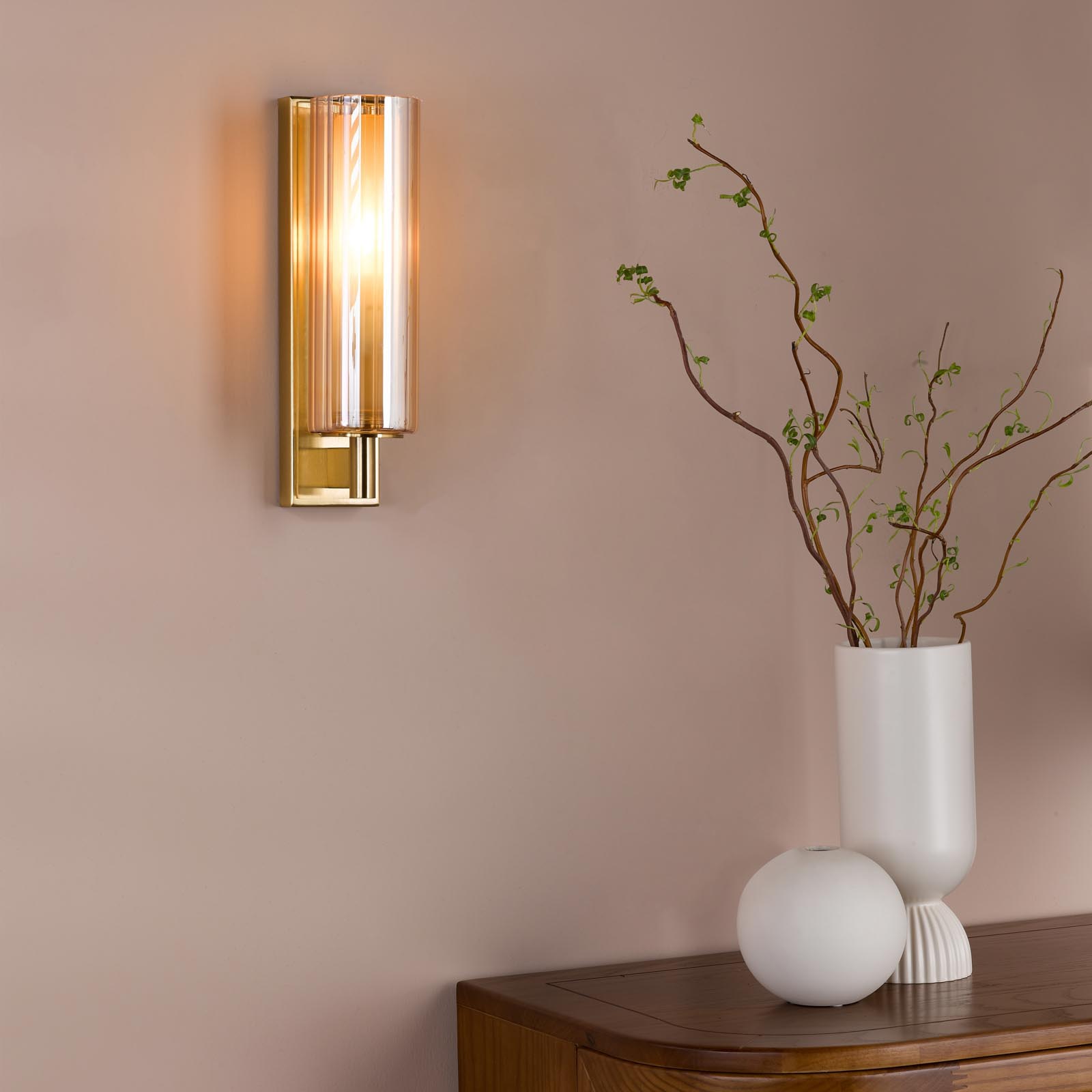 Bevin Bathroom Wall Light Natural Brass and Amber Ribbed Glass IP44