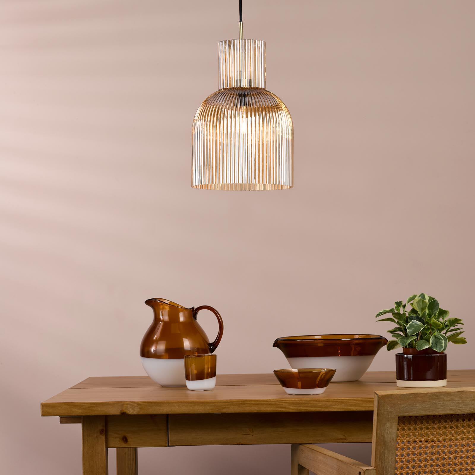 Bixby Pendant Amber Ribbed Glass and Brushed Bronze