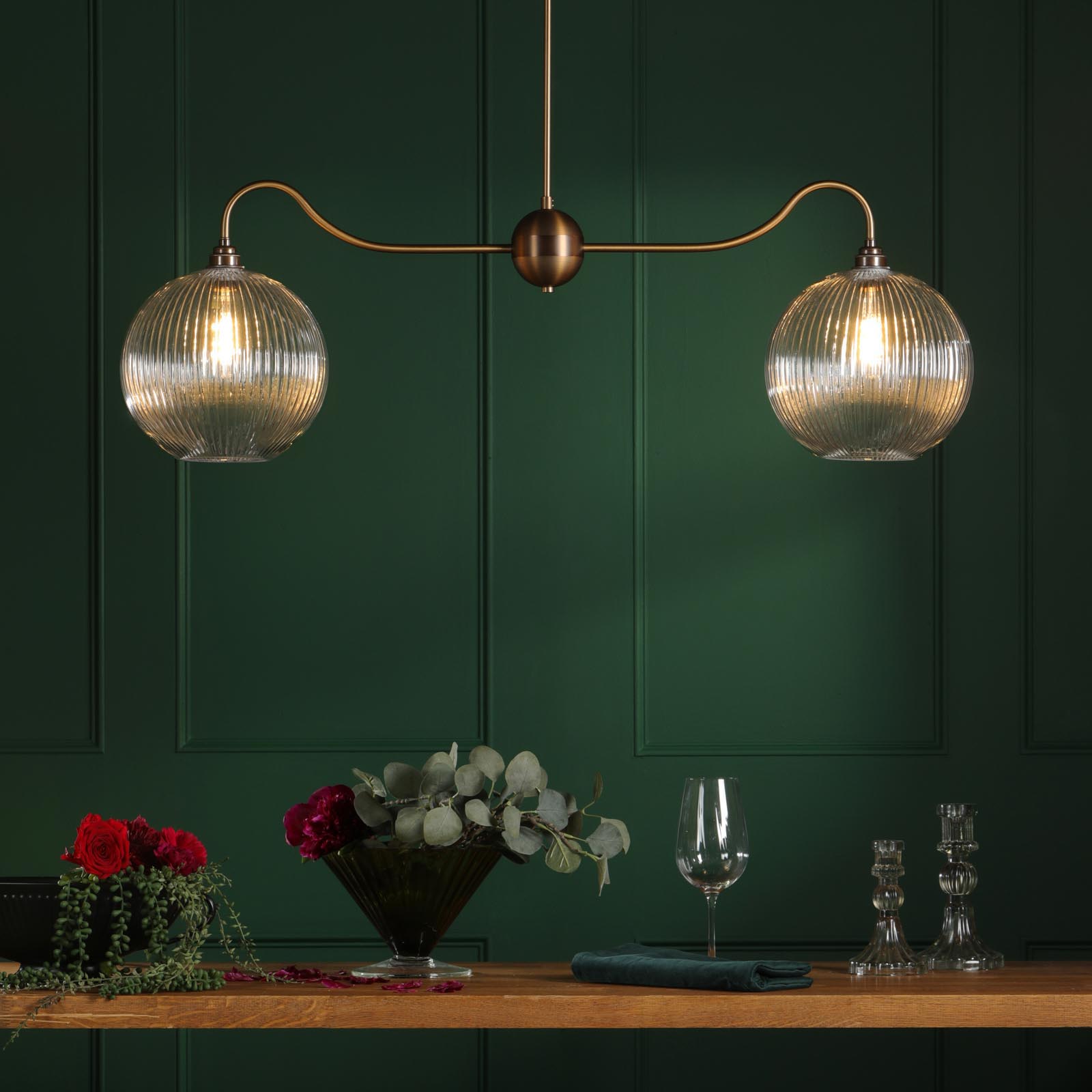 Caliro 2 Light Bar Pendant Antique Bronze with Ribbed Globe Glasses
