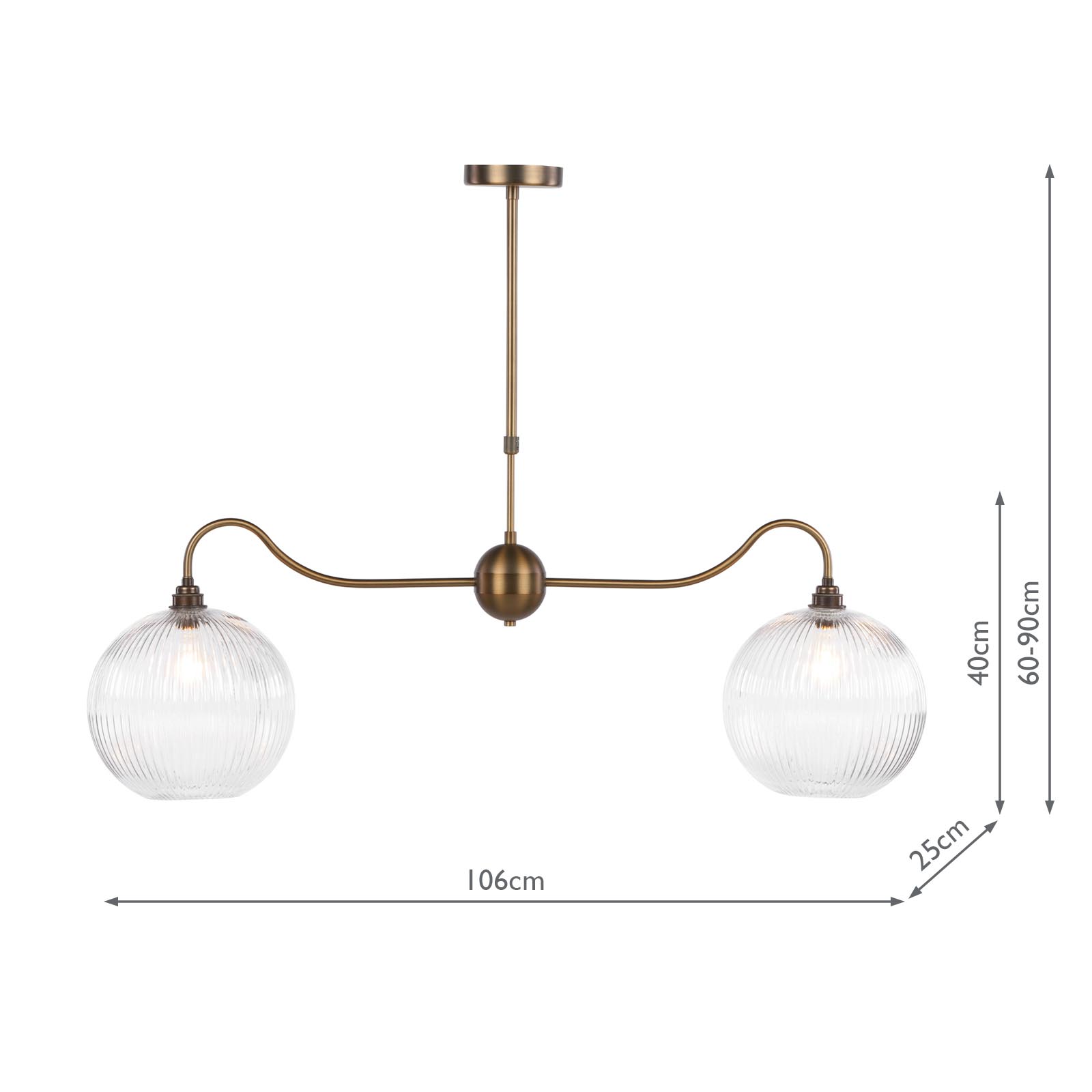 Caliro 2 Light Bar Pendant Antique Bronze with Ribbed Globe Glasses