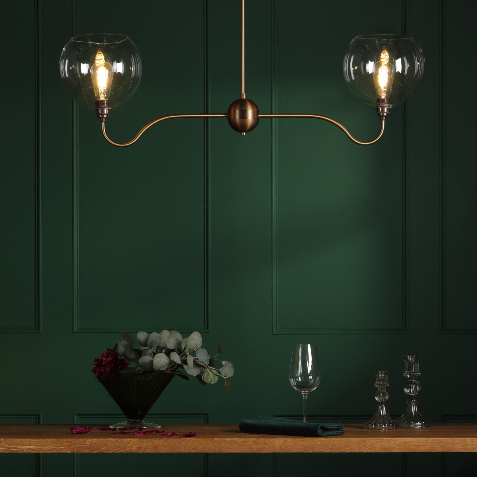 Caliro 2 Light Bar Pendant Antique Bronze with Globe Glasses