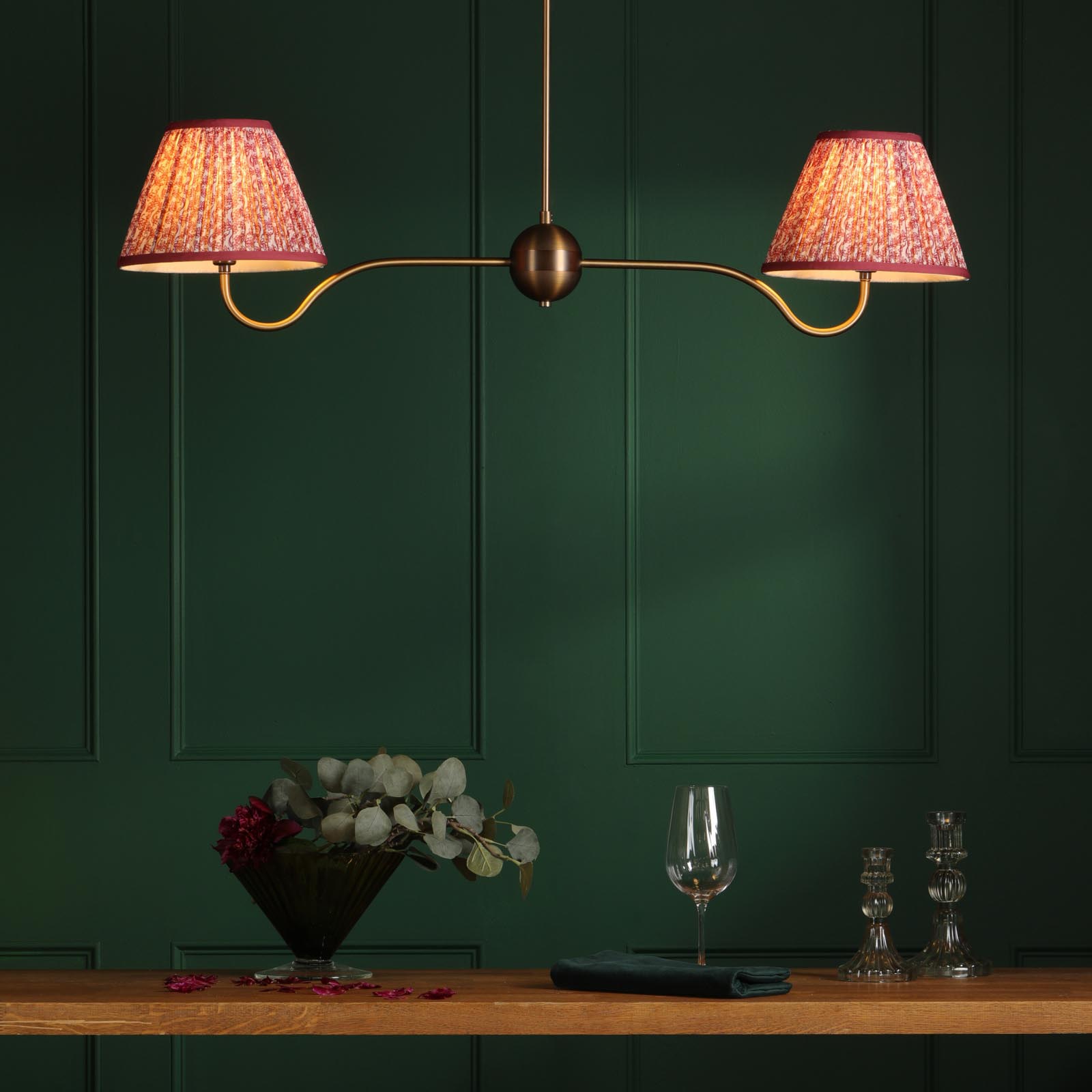Caliro 2 Light Bar Pendant Antique Bronze with Red Leaf Print Pleated Shades