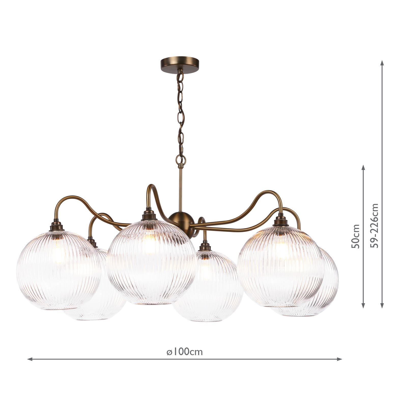 Caliro 6 Light Pendant Antique Bronze with Ribbed Glass Globe Shades