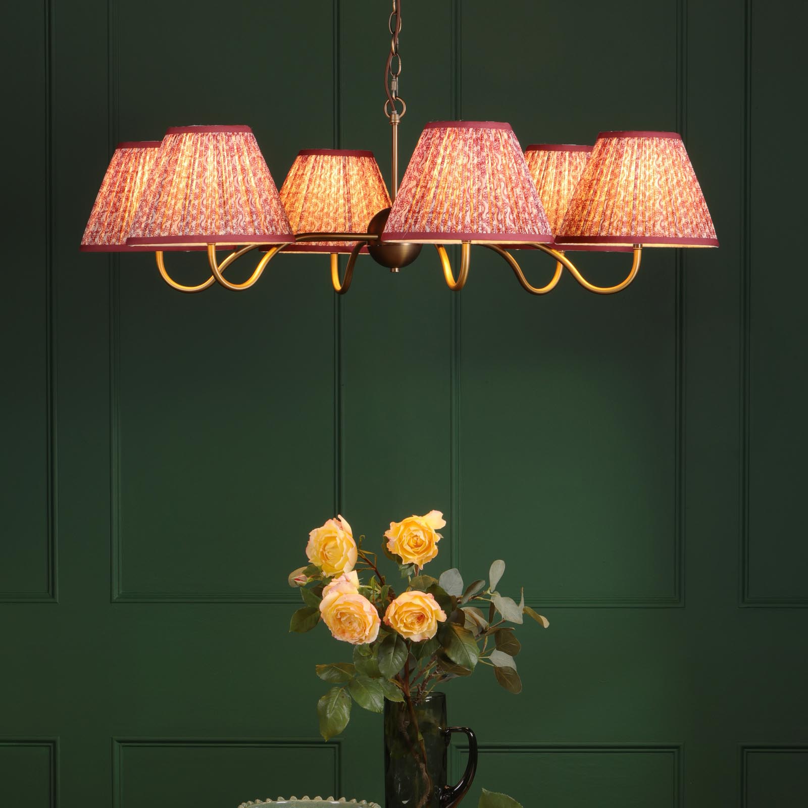 Caliro 6 Light Pendant Antique Bronze with Red Leaf Print Pleated Shades