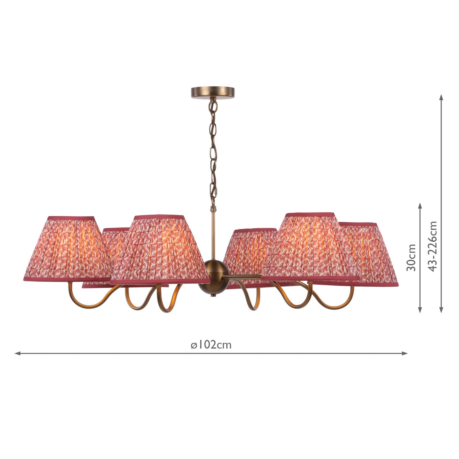 Caliro 6 Light Pendant Antique Bronze with Red Leaf Print Pleated Shades