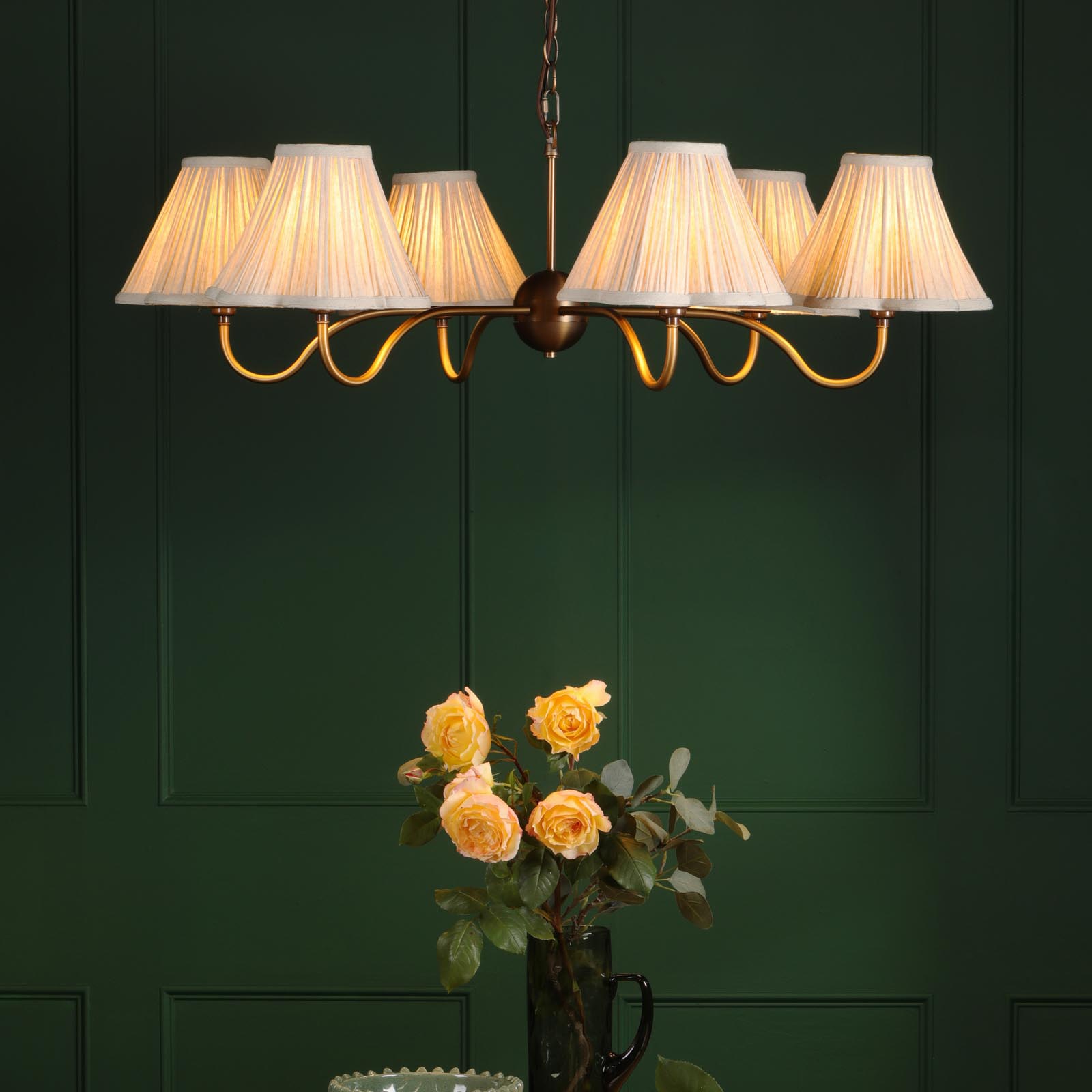 Caliro 6 Light Pendant Antique Bronze with Taupe Pleated Scallop Shades