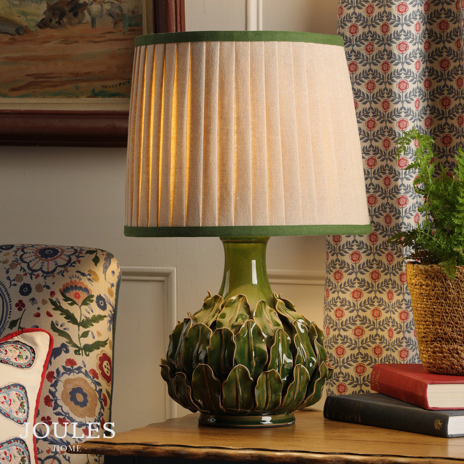 Joules Chatsworth Table Lamp Green Ceramic and Matt Antique Brass With Shade