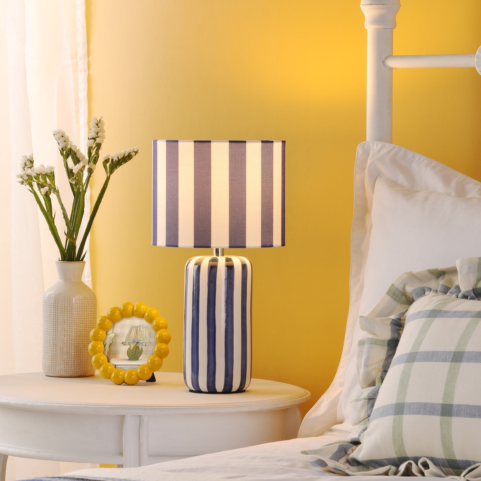 Cicada Table Lamp Blue Ceramic and Polished Chrome With Shade