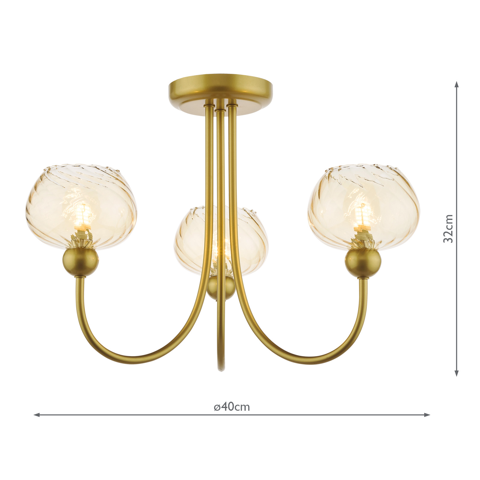 Cognac 3 Light Semi-Flush Satin Gold and Champagne Ribbed Glass