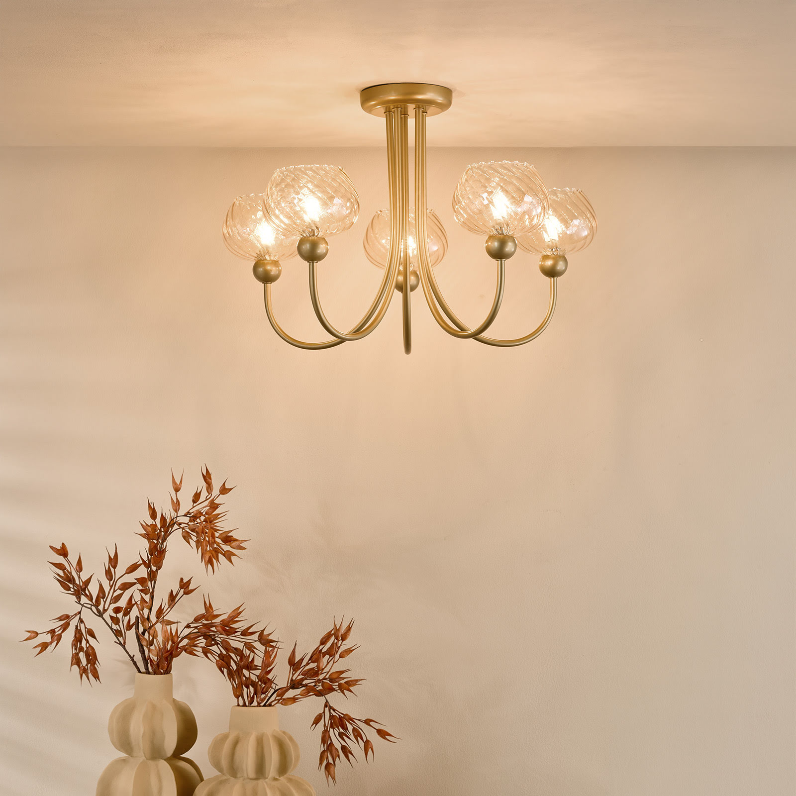 Cognac 5 Light Semi-Flush Satin Gold and Champagne Ribbed Glass