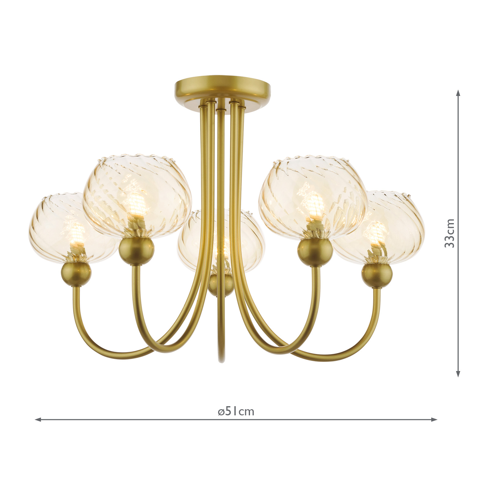 Cognac 5 Light Semi-Flush Satin Gold and Champagne Ribbed Glass