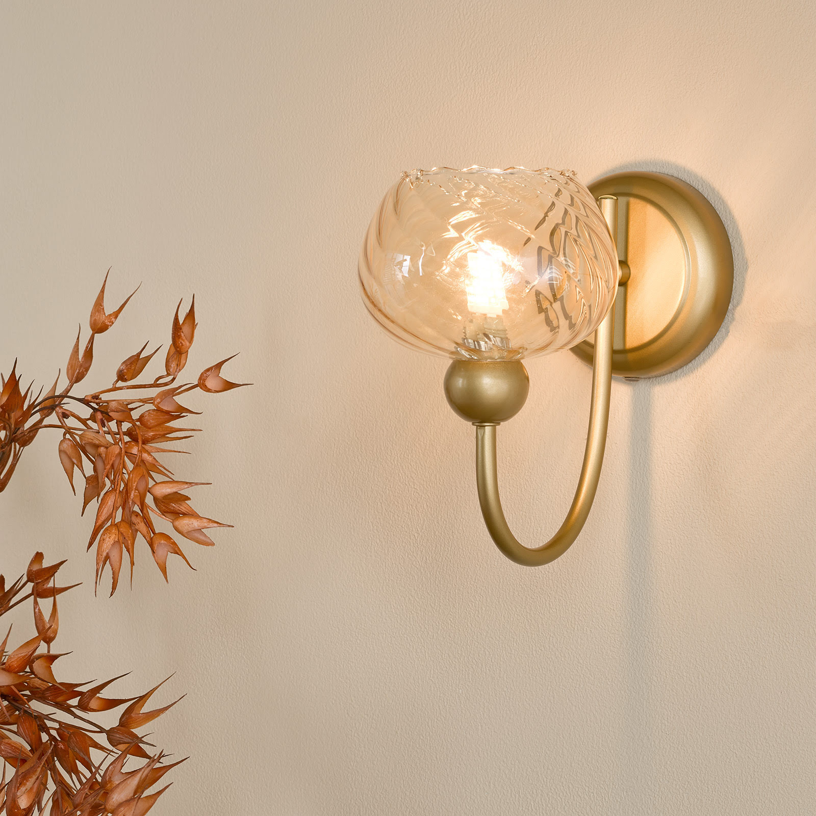 Cognac Wall Light Satin Gold and Champagne Ribbed Glass