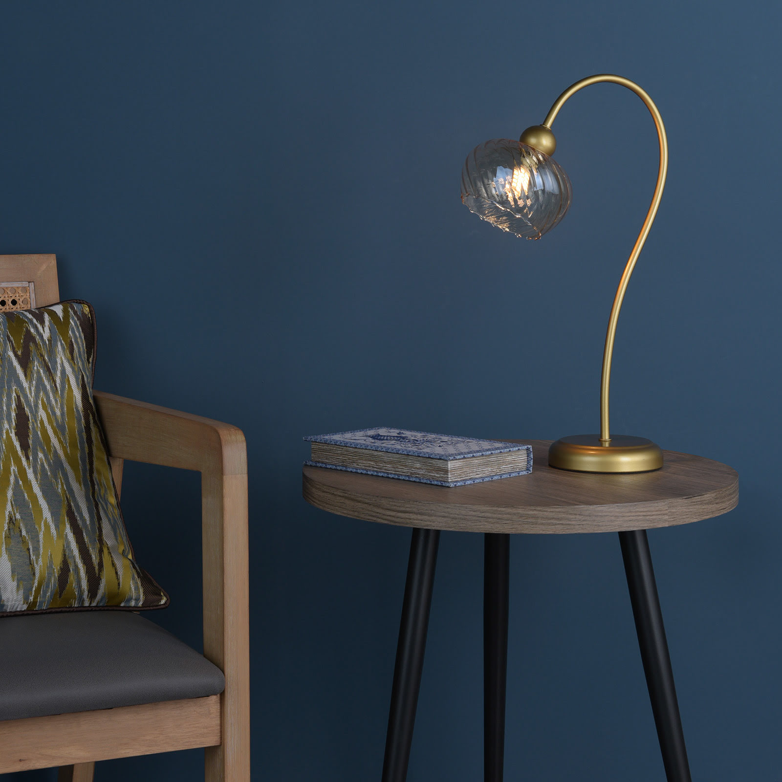 Cognac Table Lamp Satin Gold and Champagne Ribbed Glass