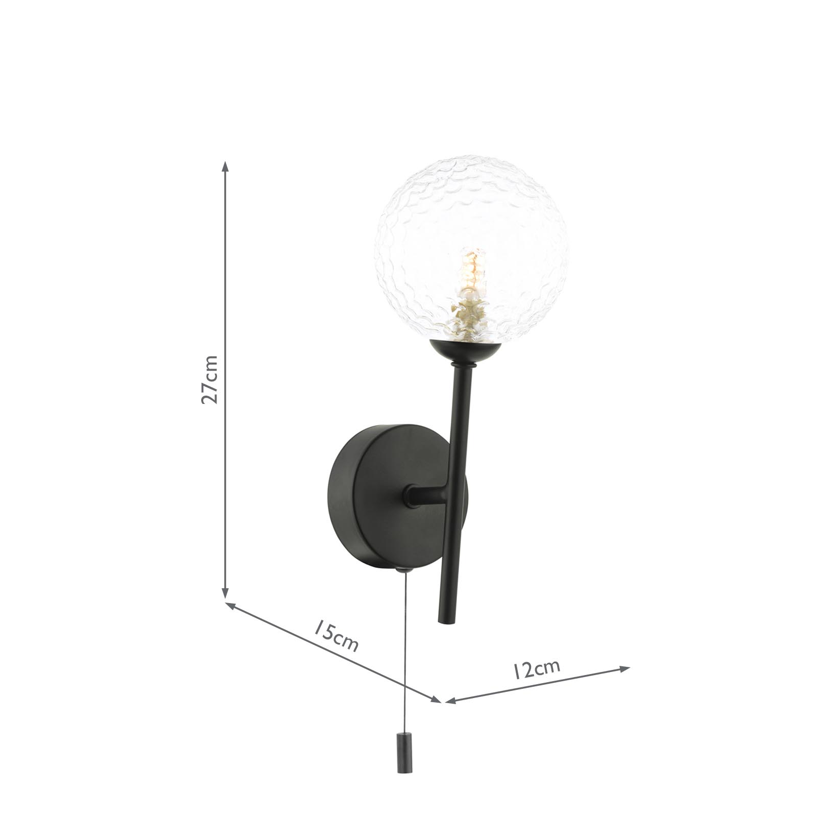 Cohen Wall Light Matt Black With Clear Hammered Glass