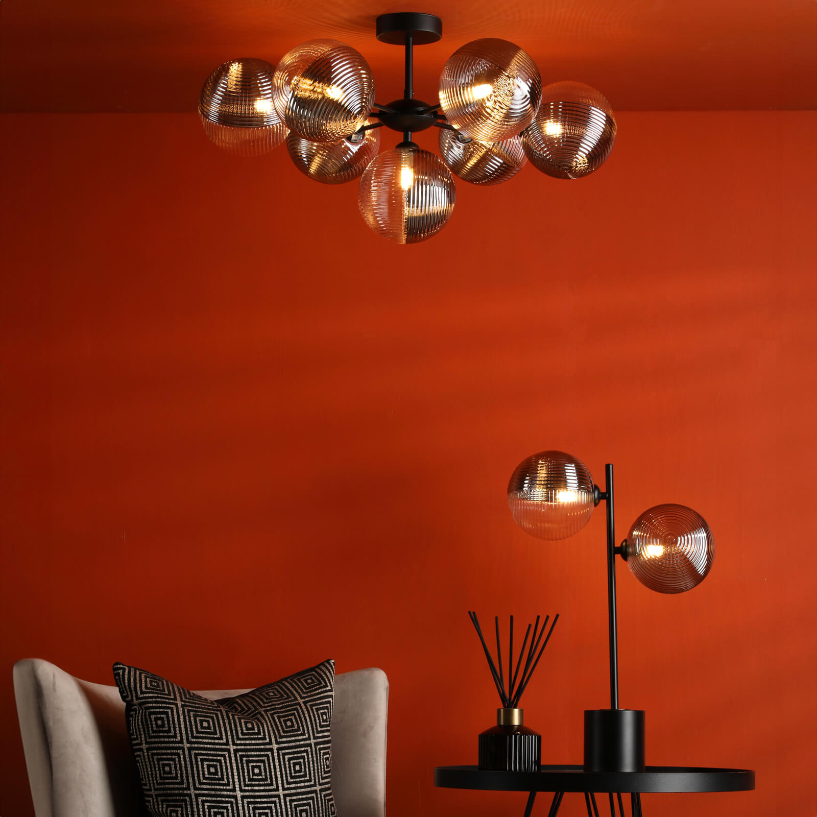 Cohen 7 Light Pendant Matt Black With Smoked/Clear Ribbed Glass