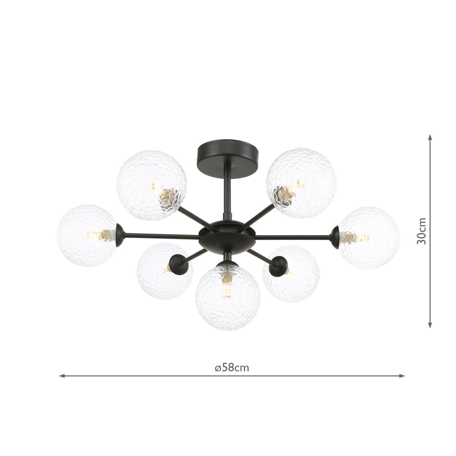 Cohen 7 Light Pendant Matt Black With Clear Hammered Glass