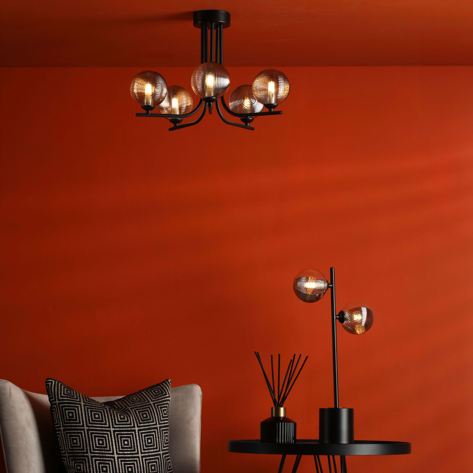 Cradle 5 Light Semi Flush Matt Black With Smoked/Clear Ribbed Glass