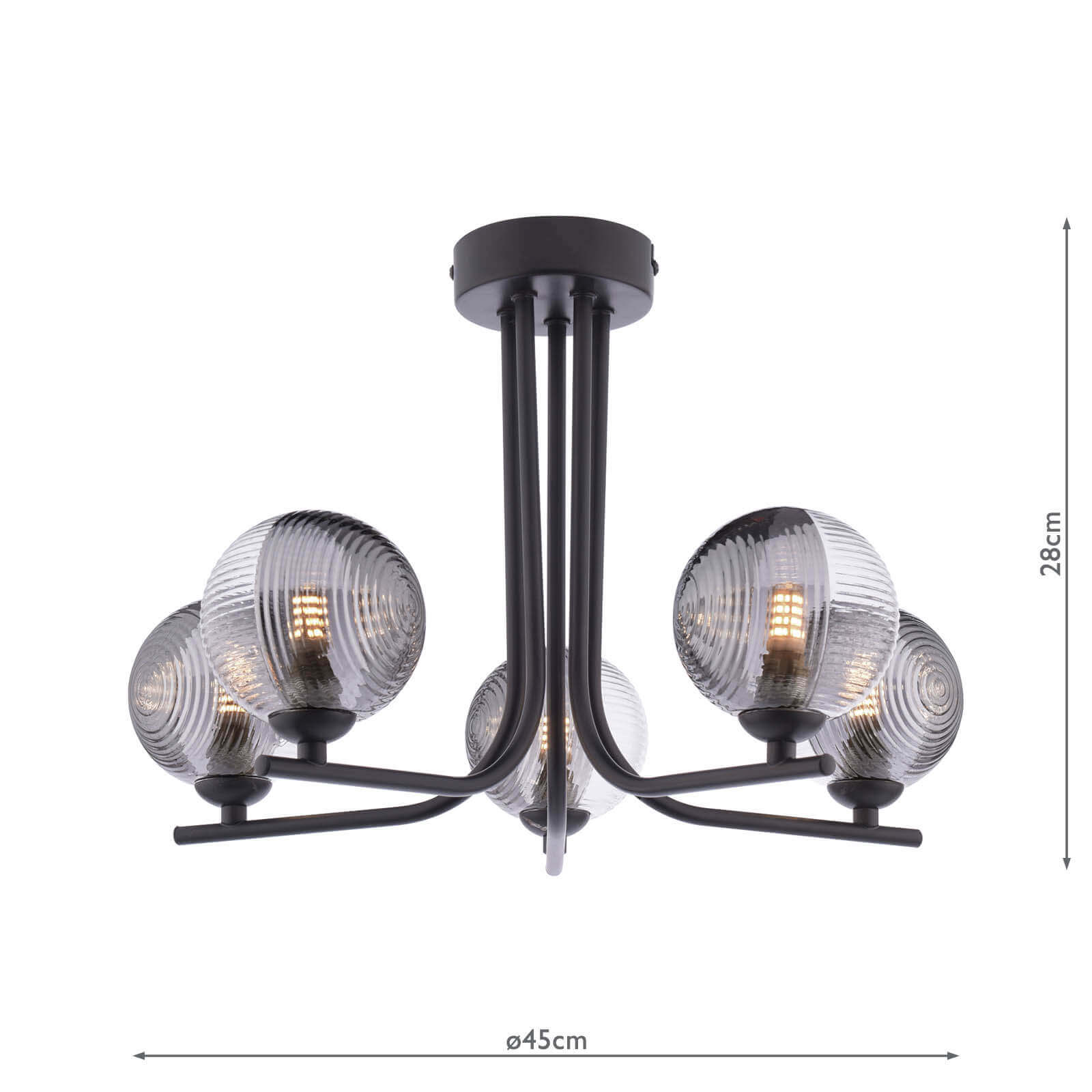Cradle 5 Light Semi Flush Matt Black With Smoked/Clear Ribbed Glass