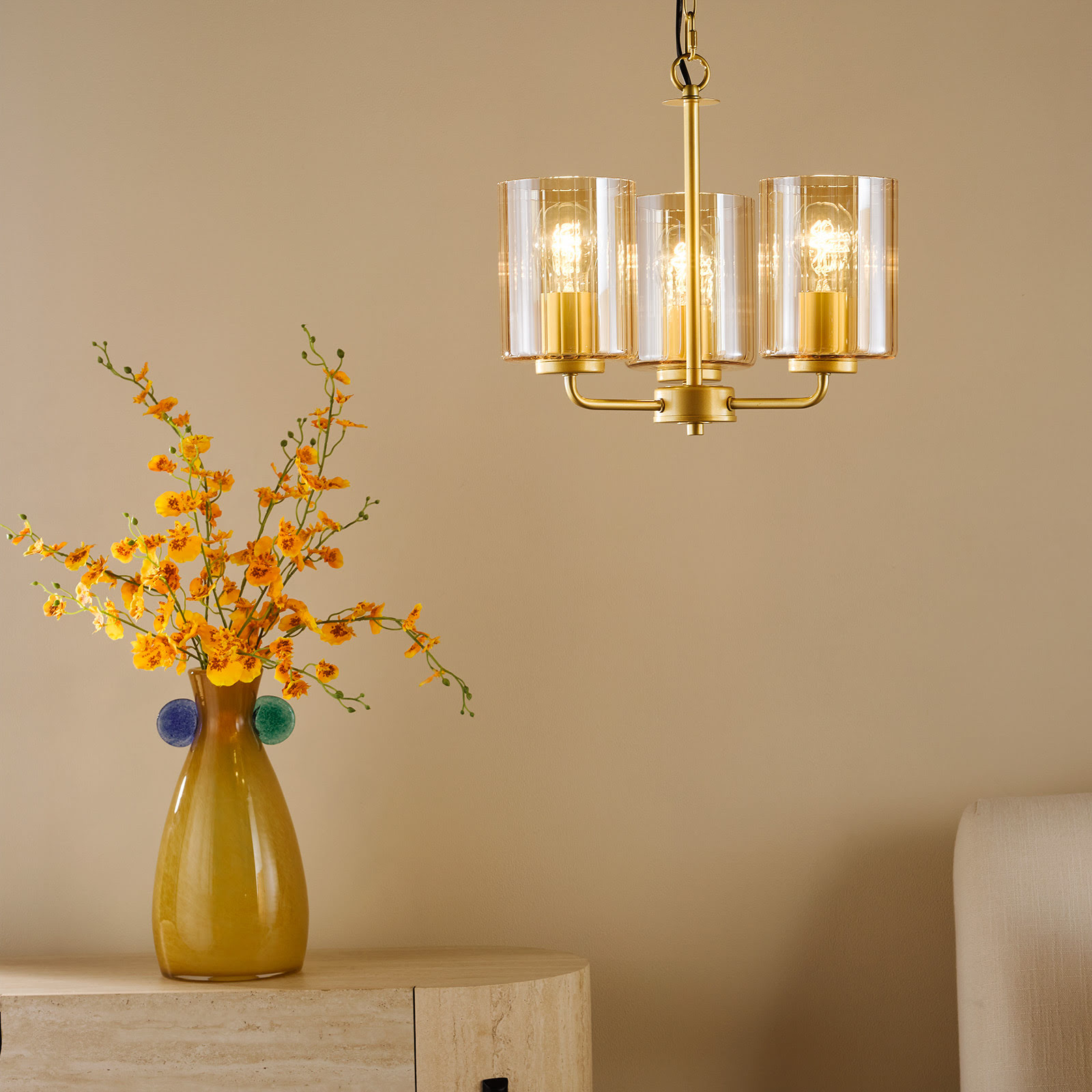 Daylin 3 Light Pendant Satin Gold and Amber Ribbed Glass
