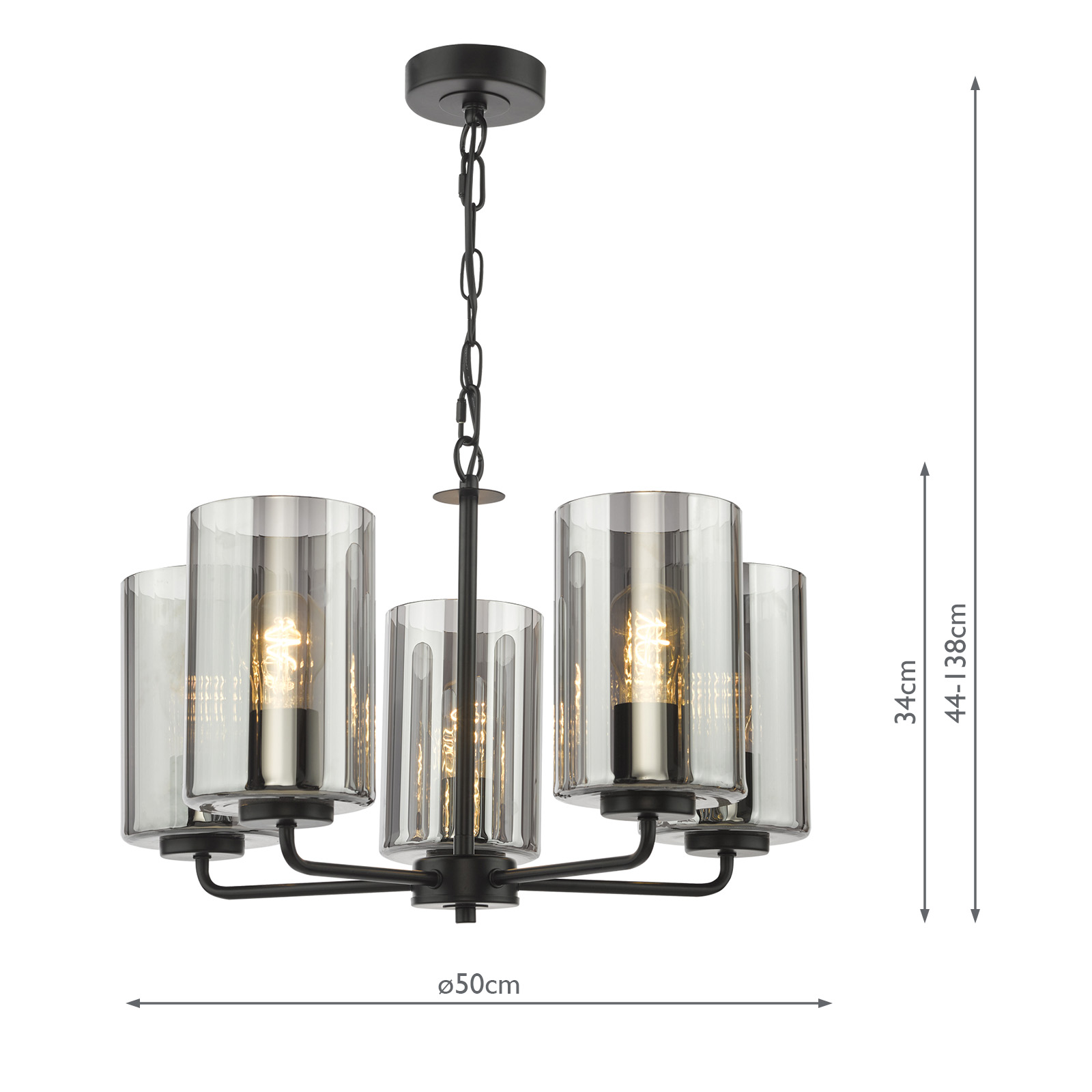 Daylin 5 Light Pendant Satin Black and Smoked Ribbed Glass