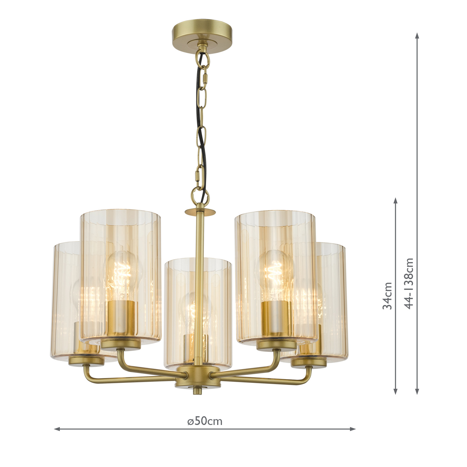 Daylin 5 Light Pendant Satin Gold and Amber Ribbed Glass