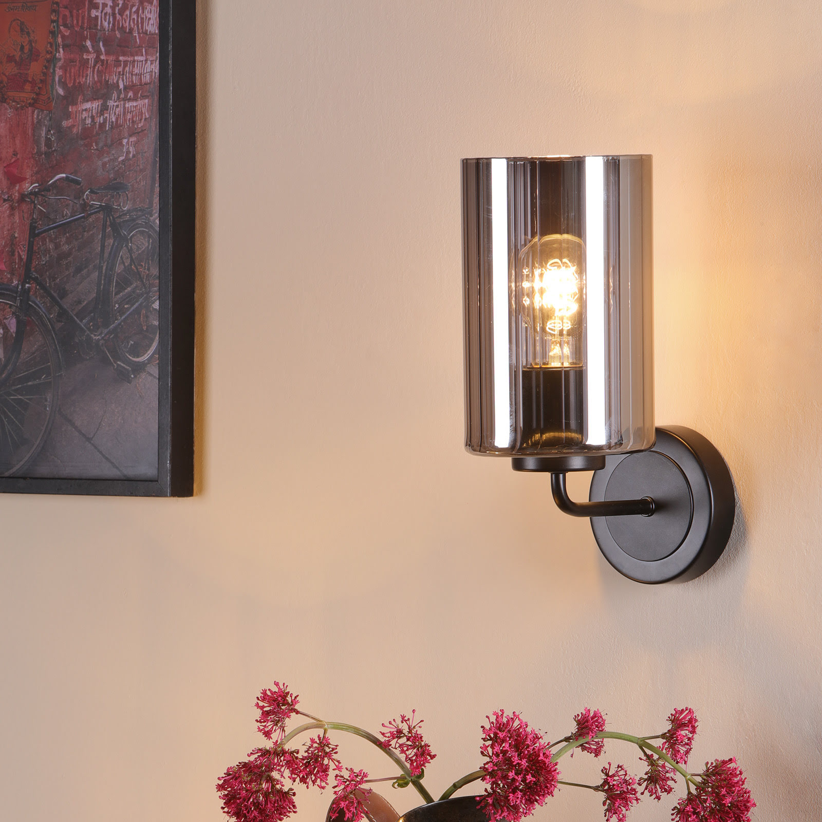 Daylin Wall Light Satin Black and Smoked Ribbed Glass