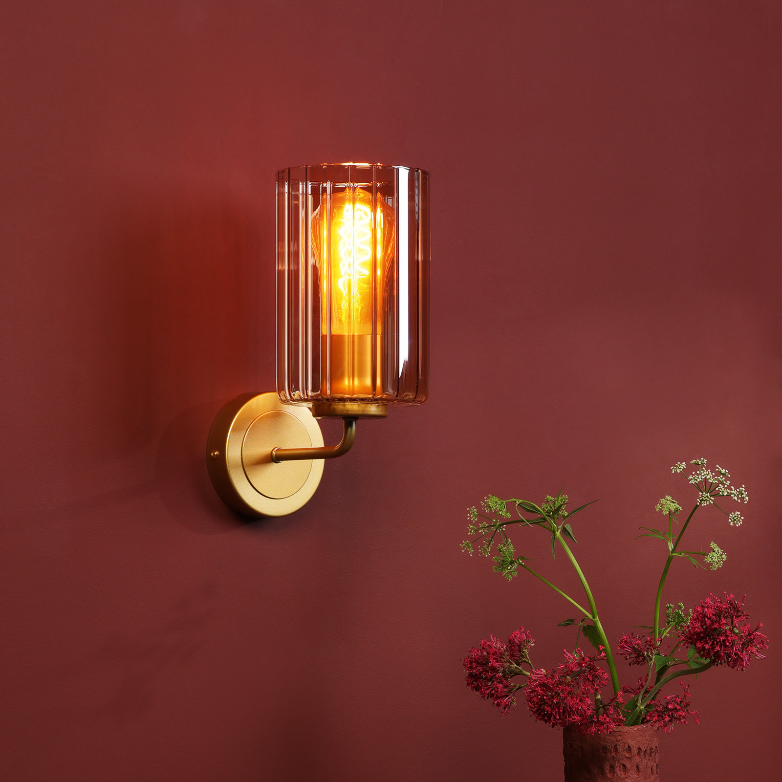 Daylin Wall Light Satin Gold and Amber Ribbed Glass