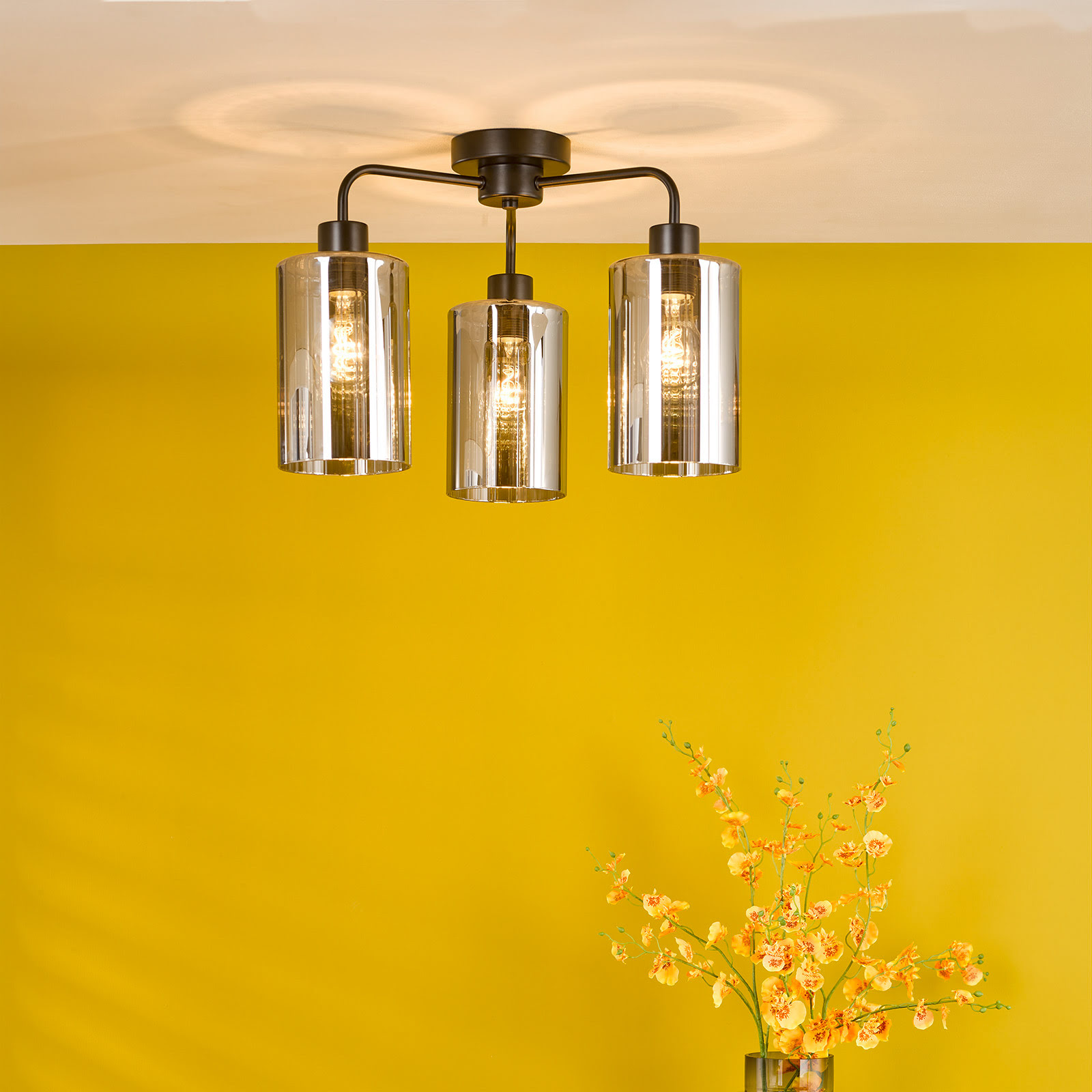 Daylin 3 Light Semi-Flush Satin Black and Smoked Ribbed Glass