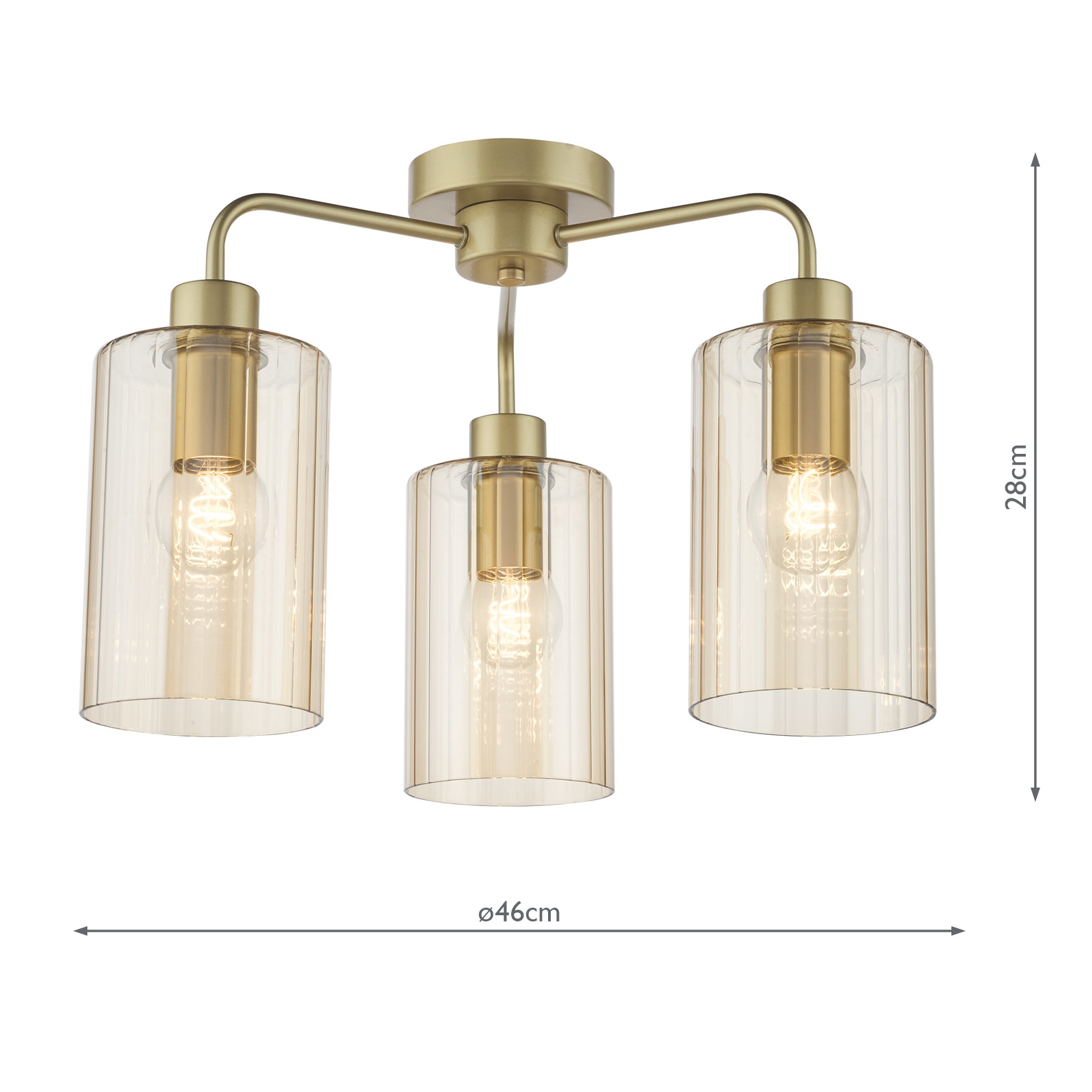 Daylin 3 Light Semi-Flush Satin Gold and Amber Ribbed Glass