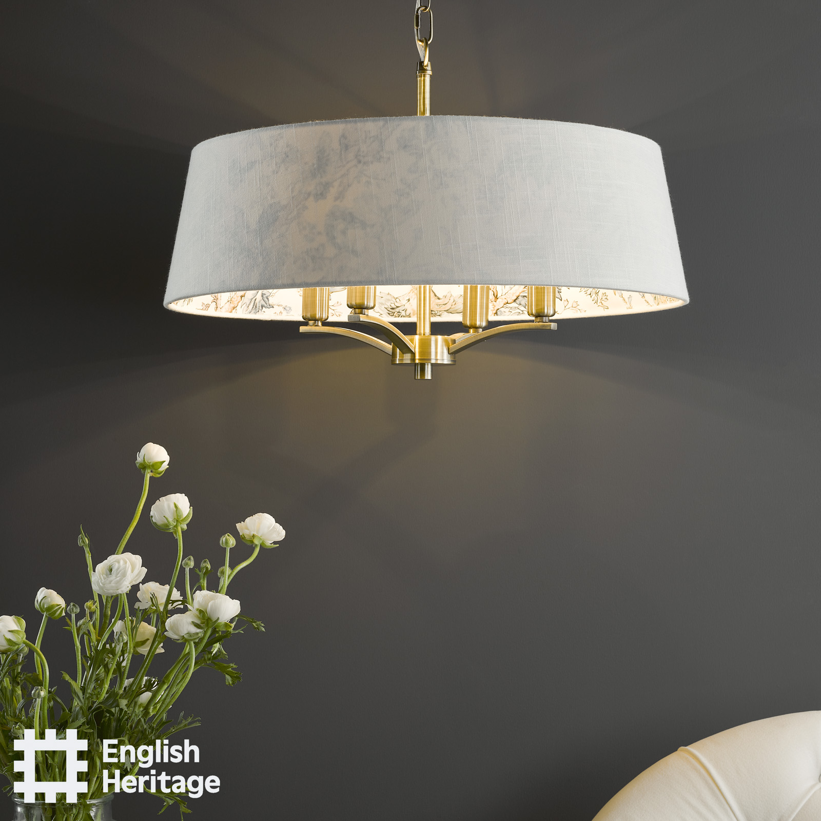 Delft 4 Light Shadelier Antique Brass and Ivory With Shade