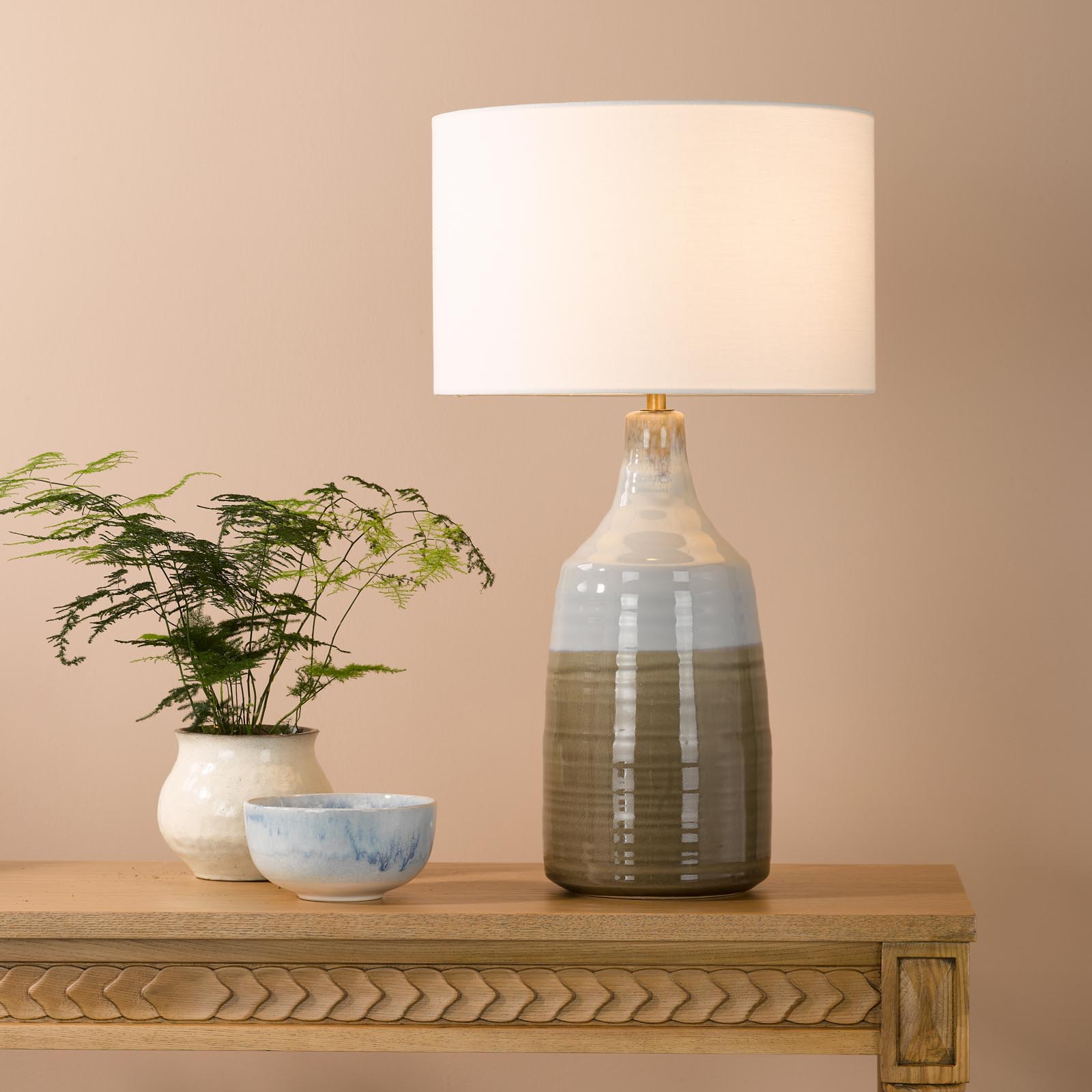 Desirus Table Lamp Blue Ceramic and Antique Brass With Ivory Drum Shade
