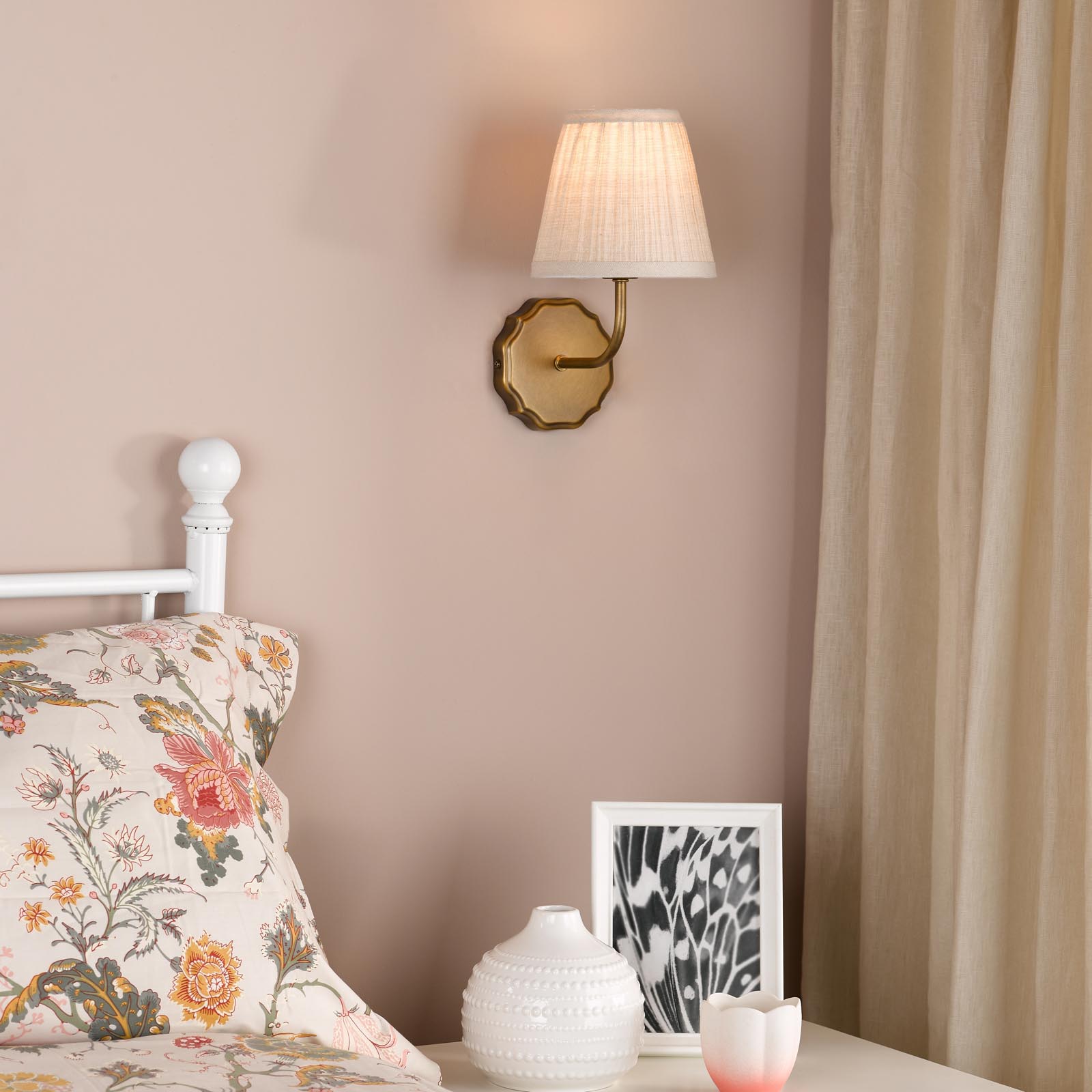 Dijon Wall Light Antique Bronze With Natural Linen Pleated Shades