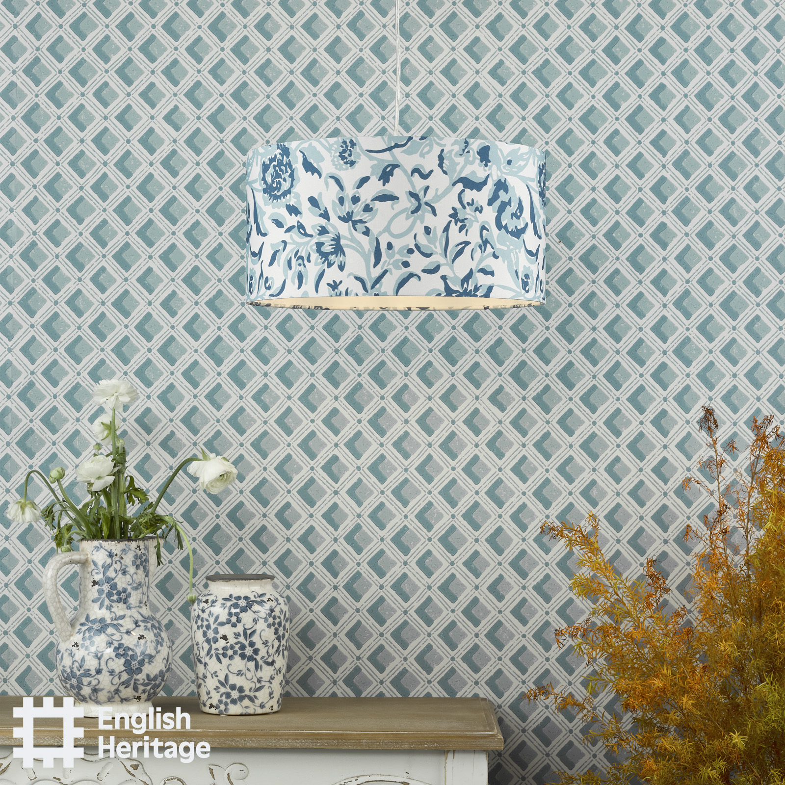 Down House Blue Cotton Drum Shade 40cm