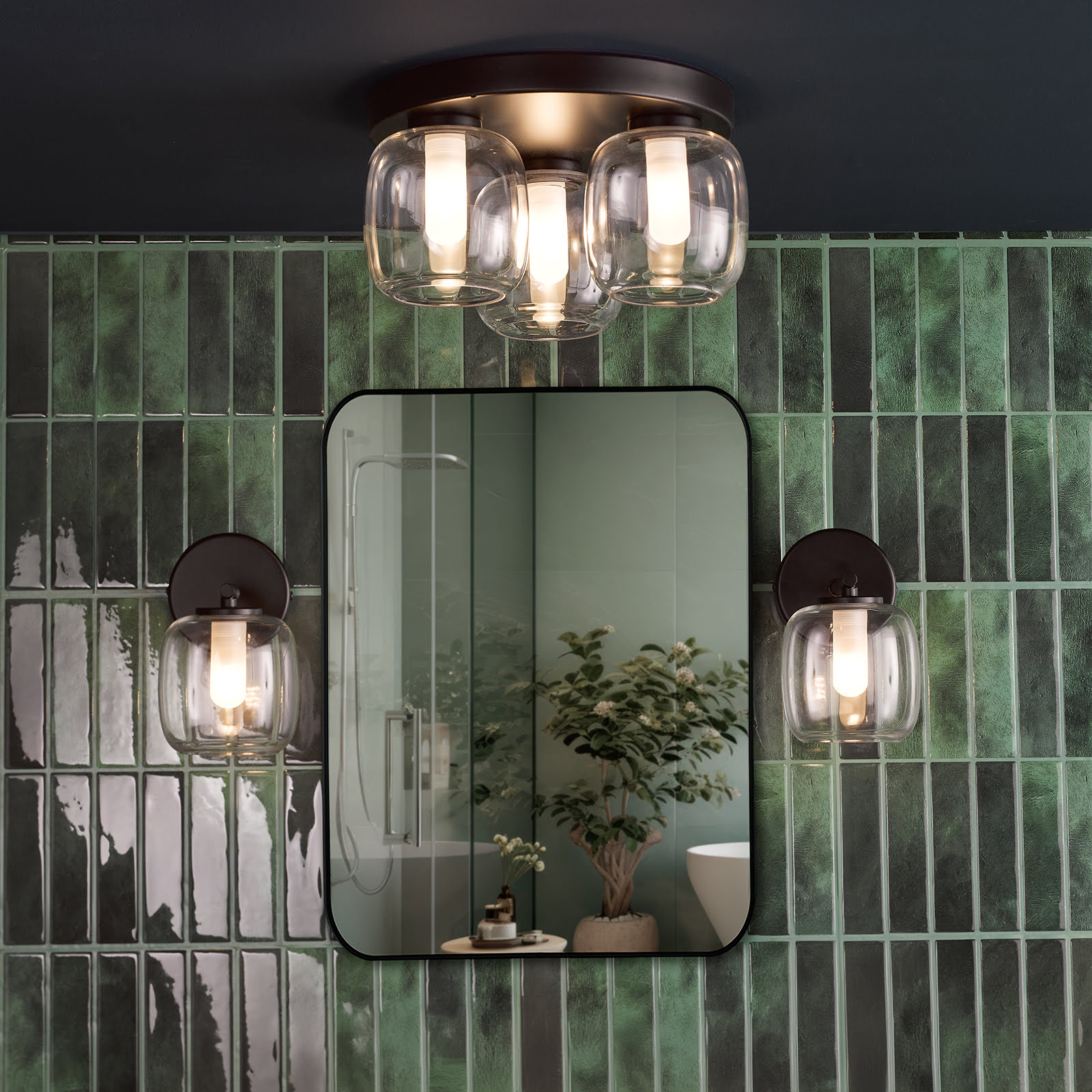 Edaline 3 Light Bathroom Flush Light Matt Black and Glass IP44