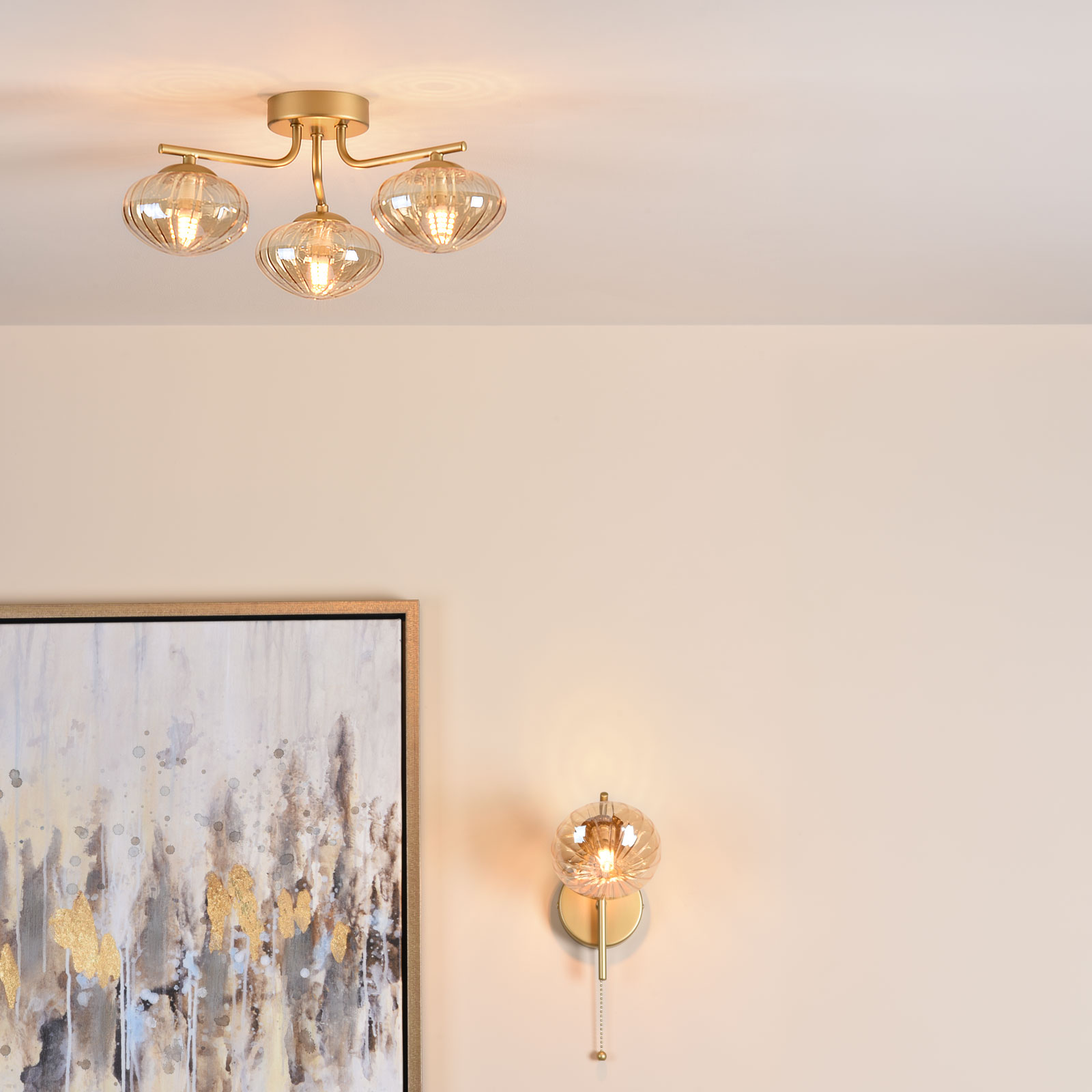 Ede Wall Light Satin Gold and Amber Glass